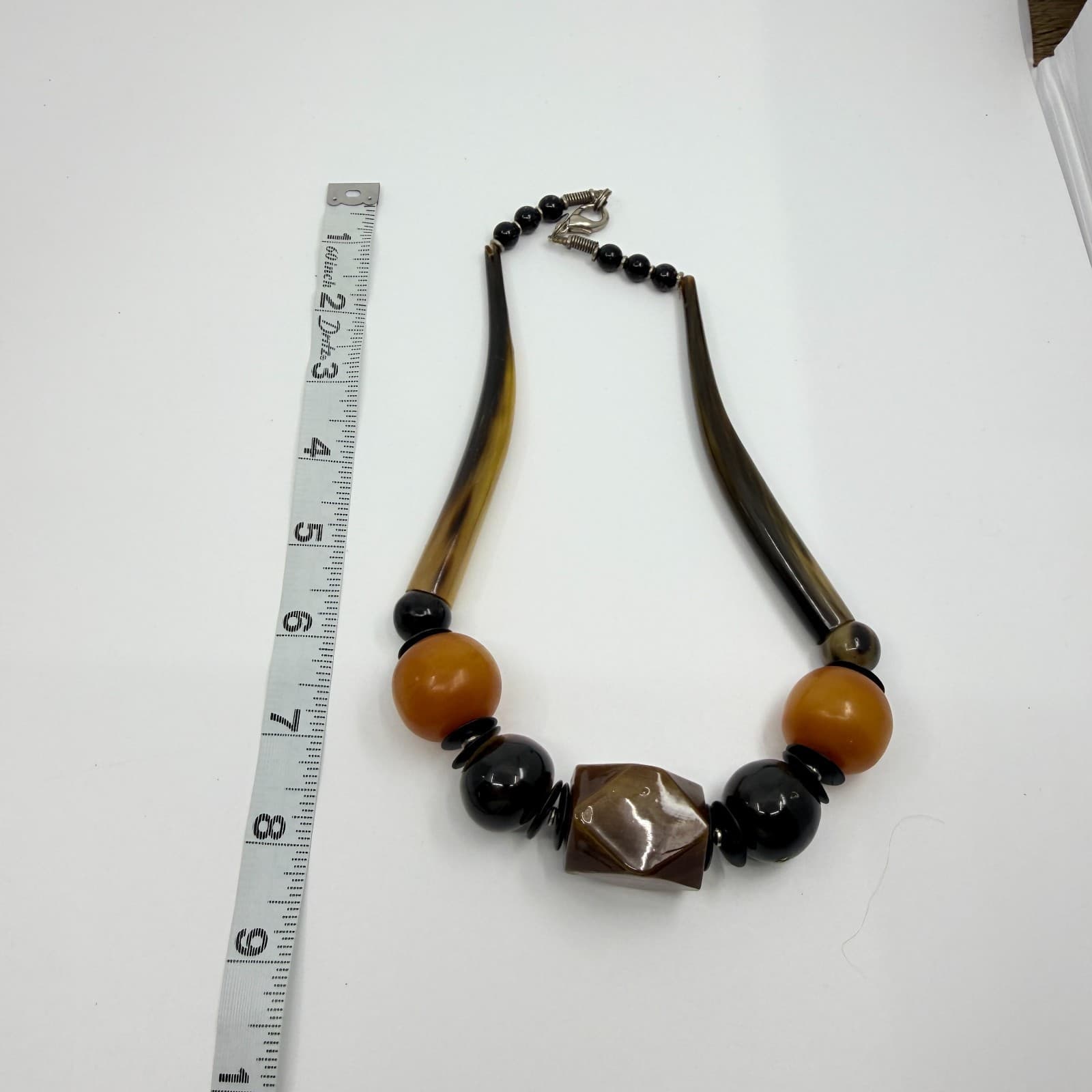 Vintage Chunky Resin Faux Horn Tusk Geometric Bead Statement Necklace Boho 90s - Thumbnail 8