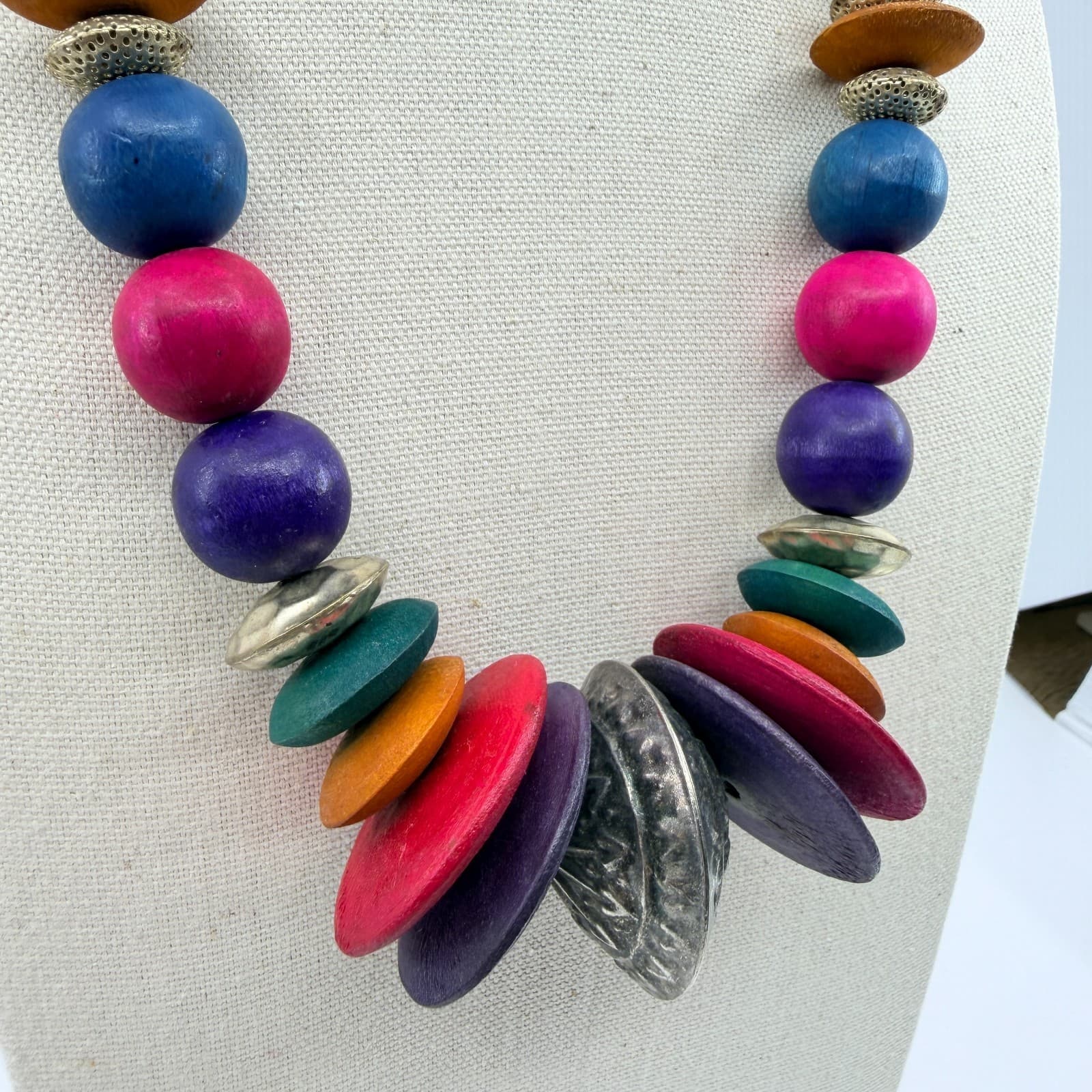 Vintage Multicolor Wood Bead Necklace Chunky Statement Boho Ethnic Tribal 90s - Thumbnail 6