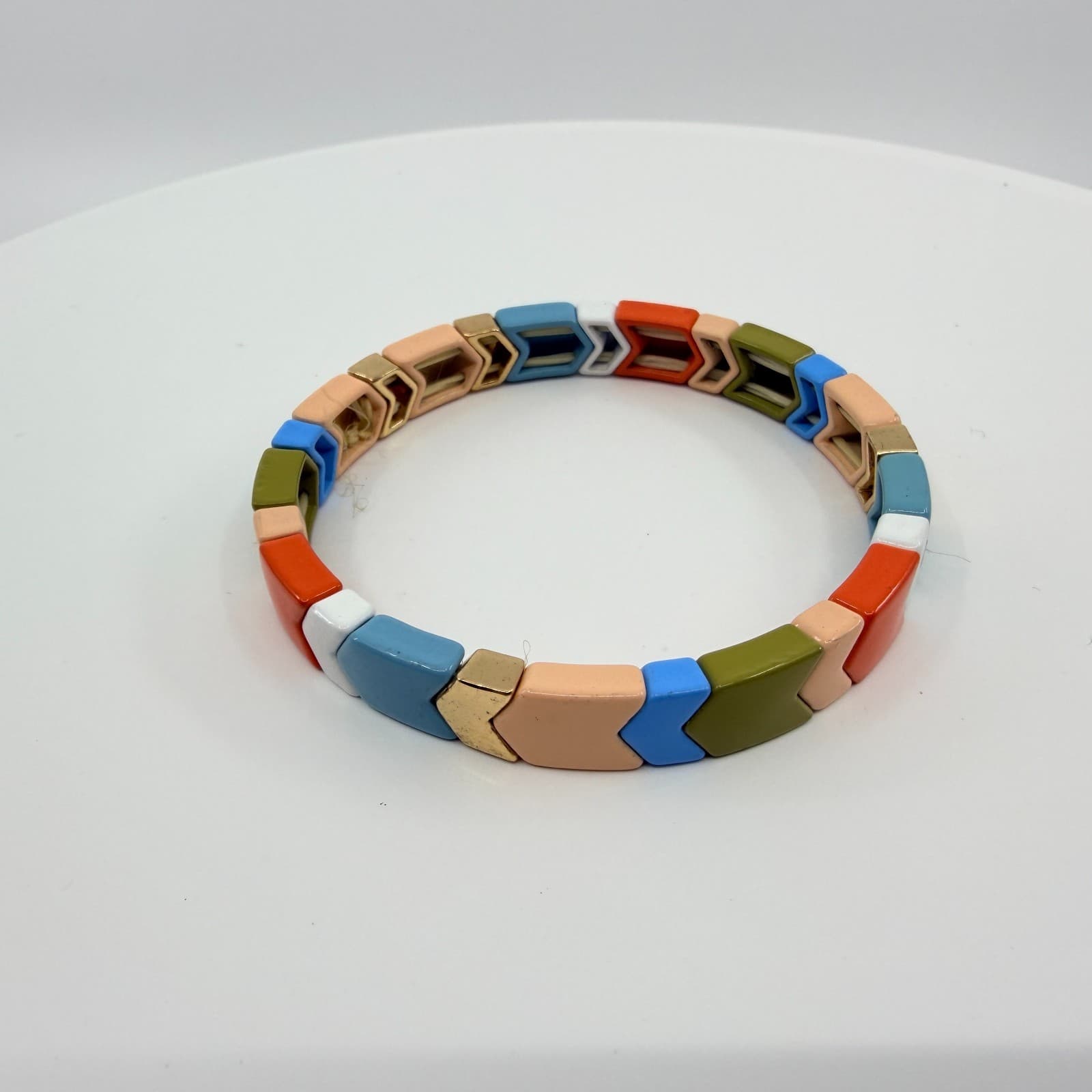 Vintage Multi Color Enamel Chevron Tile Stretch Bracelet Boho Tila Bead Y2K 90s - Thumbnail 3