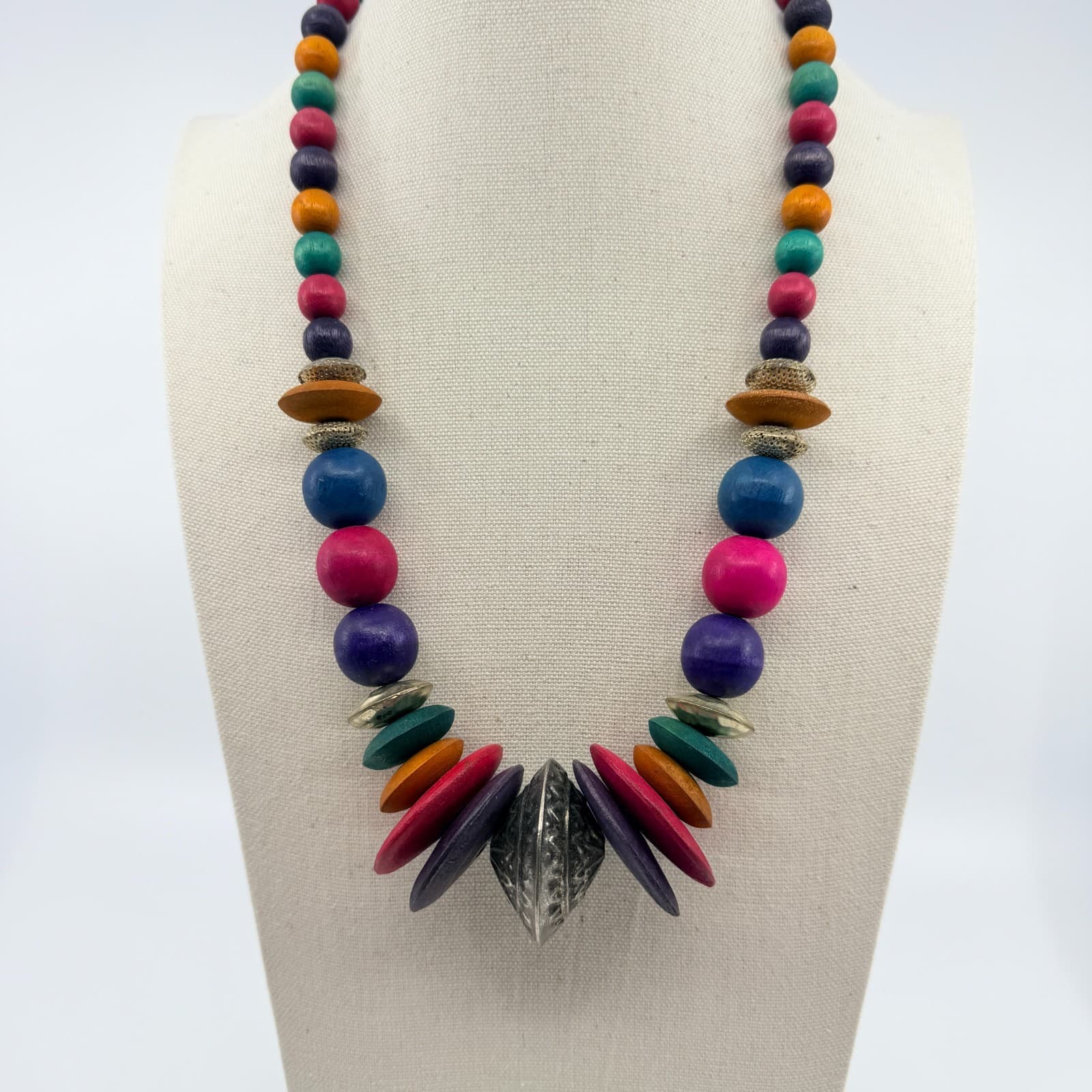 Vintage Multicolor Wood Bead Necklace Chunky Statement Boho Ethnic Tribal 90s - Thumbnail 4