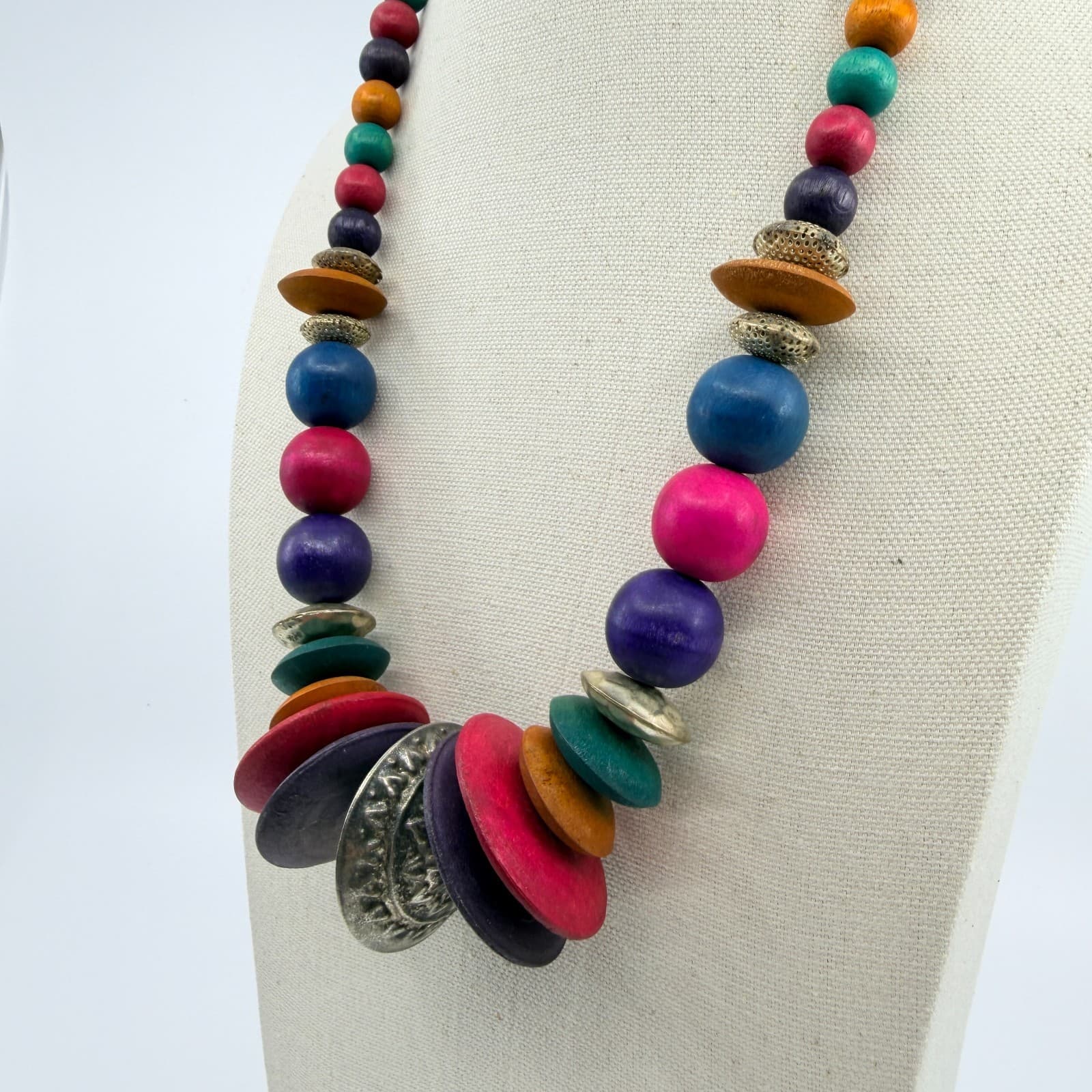 Vintage Multicolor Wood Bead Necklace Chunky Statement Boho Ethnic Tribal 90s - Thumbnail 8