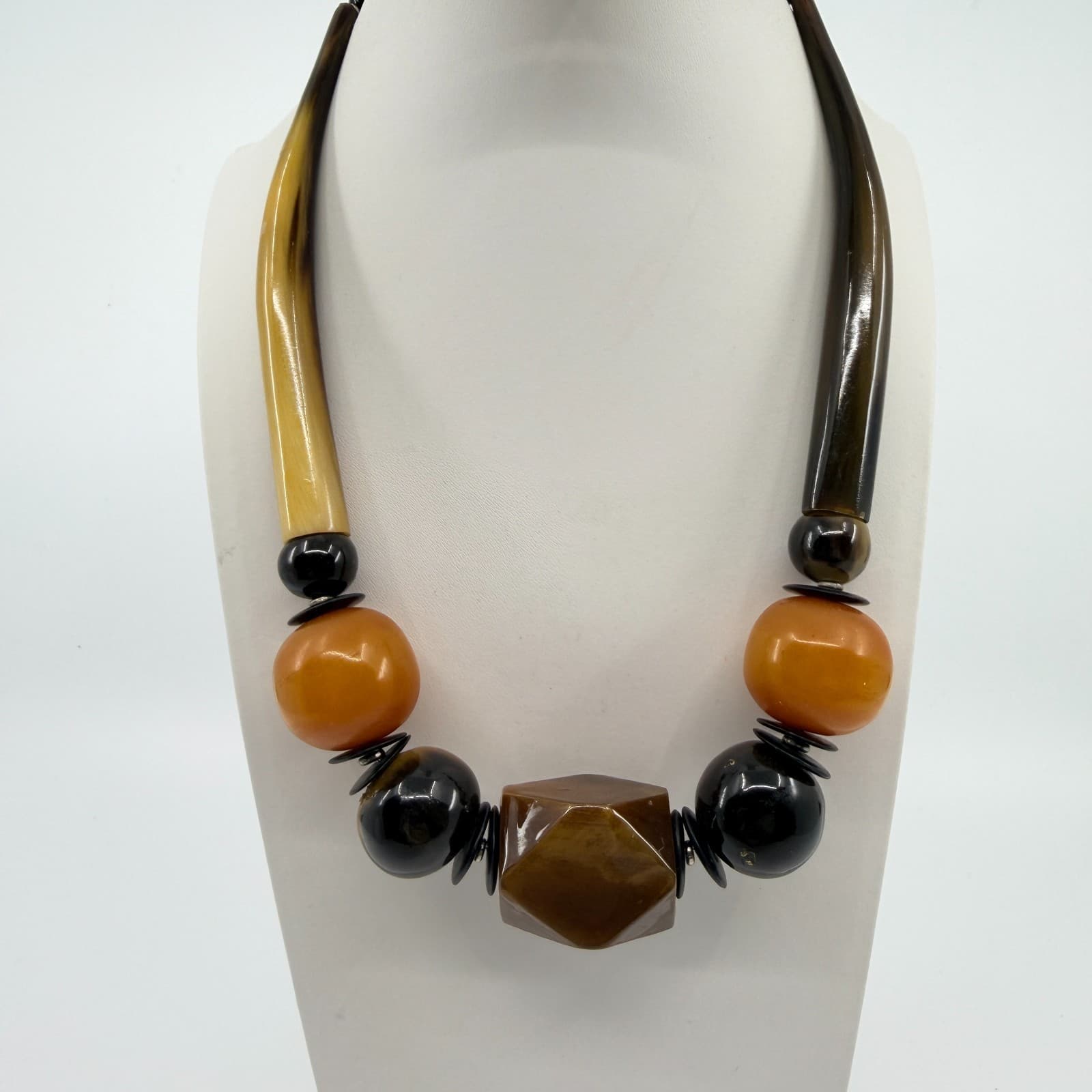Vintage Chunky Resin Faux Horn Tusk Geometric Bead Statement Necklace Boho 90s - Thumbnail 3