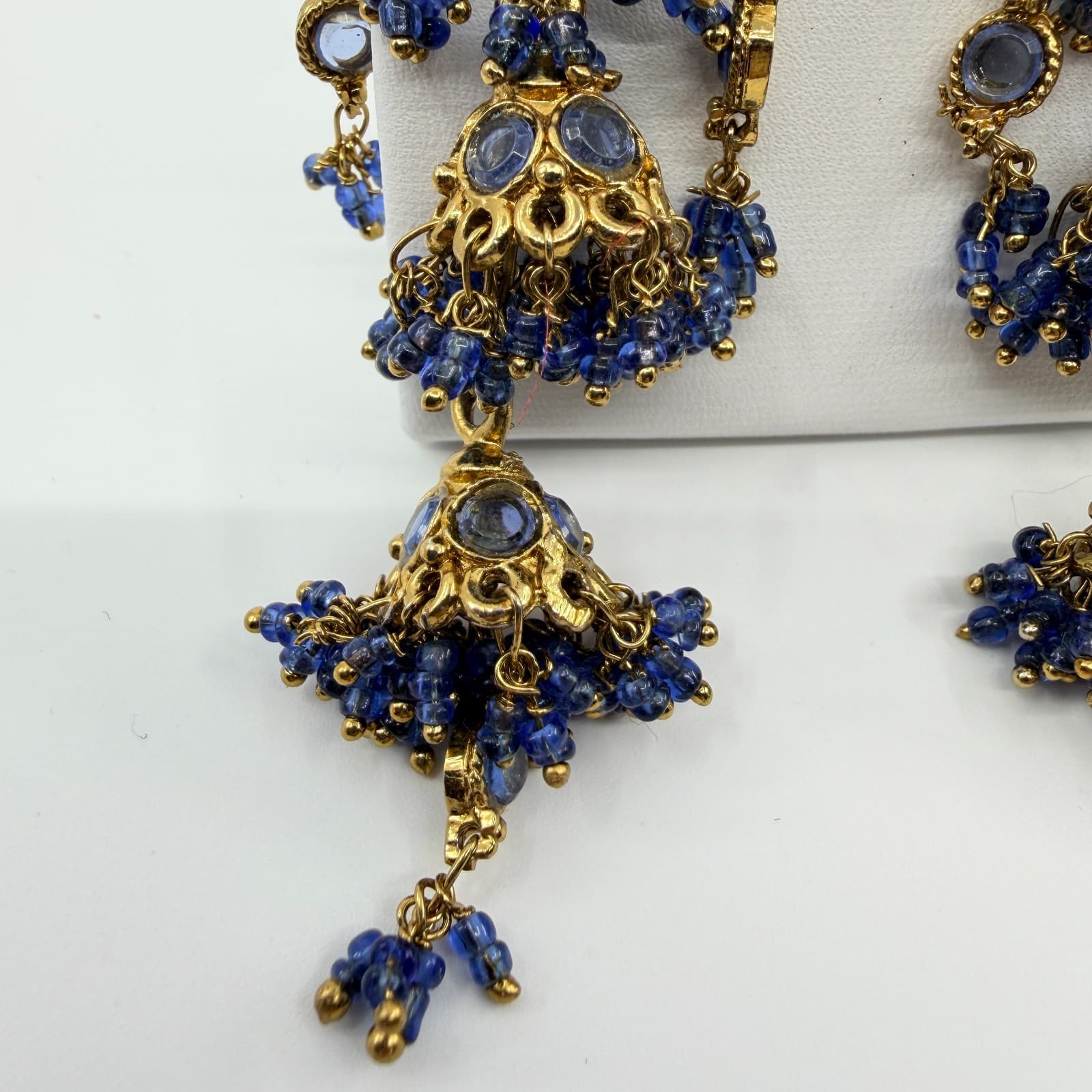 Vintage Gold Tone Blue Beaded Jhumka Earrings Indian Chandelier Dangle Boho Y2K - Thumbnail 8