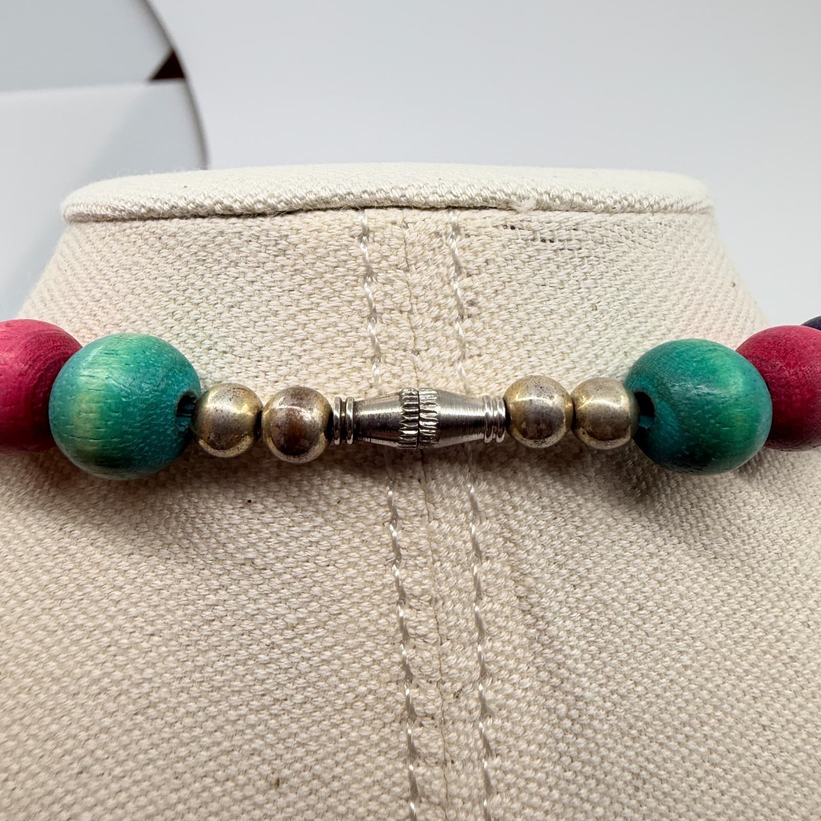 Vintage Multicolor Wood Bead Necklace Chunky Statement Boho Ethnic Tribal 90s - Thumbnail 11