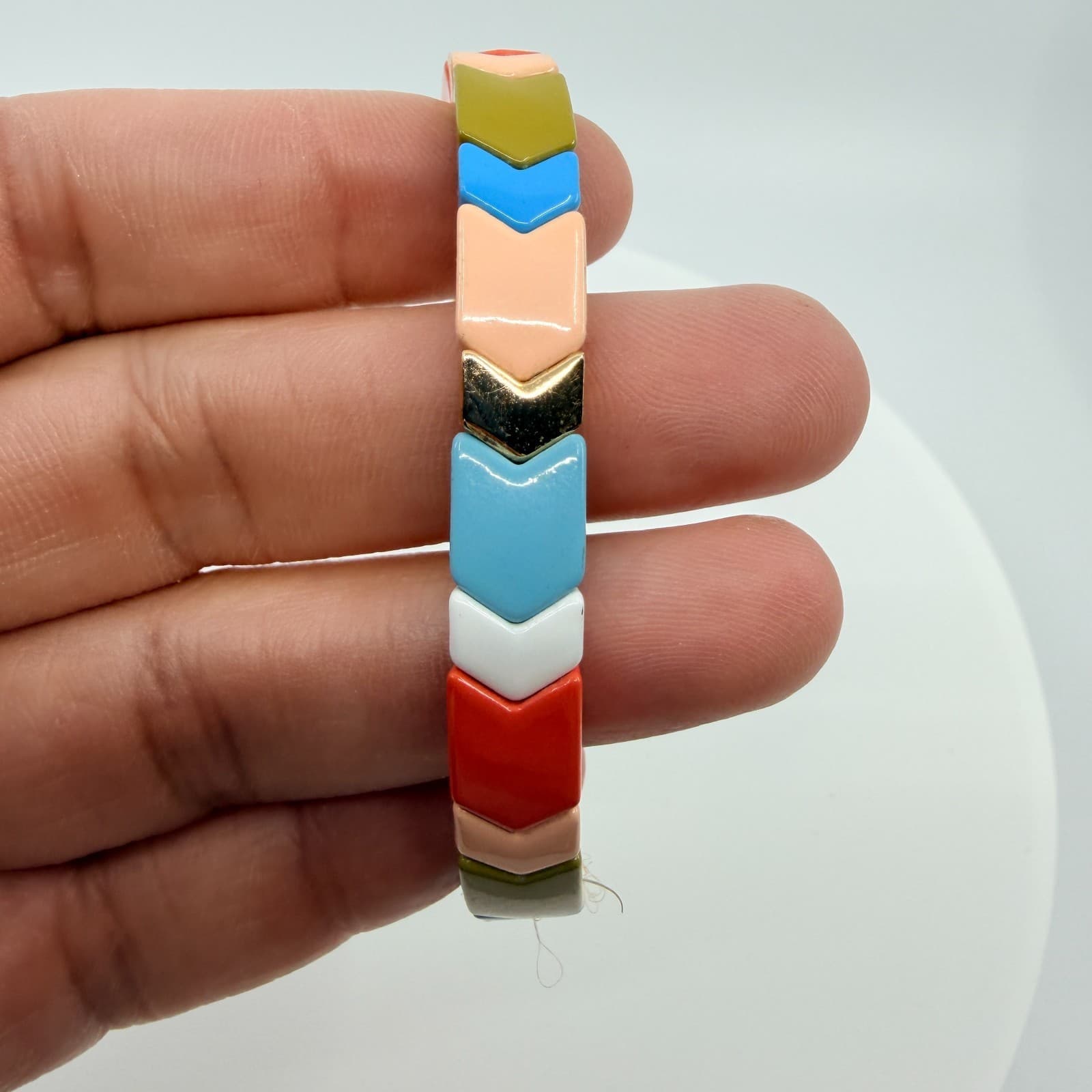 Vintage Multi Color Enamel Chevron Tile Stretch Bracelet Boho Tila Bead Y2K 90s - Thumbnail 7