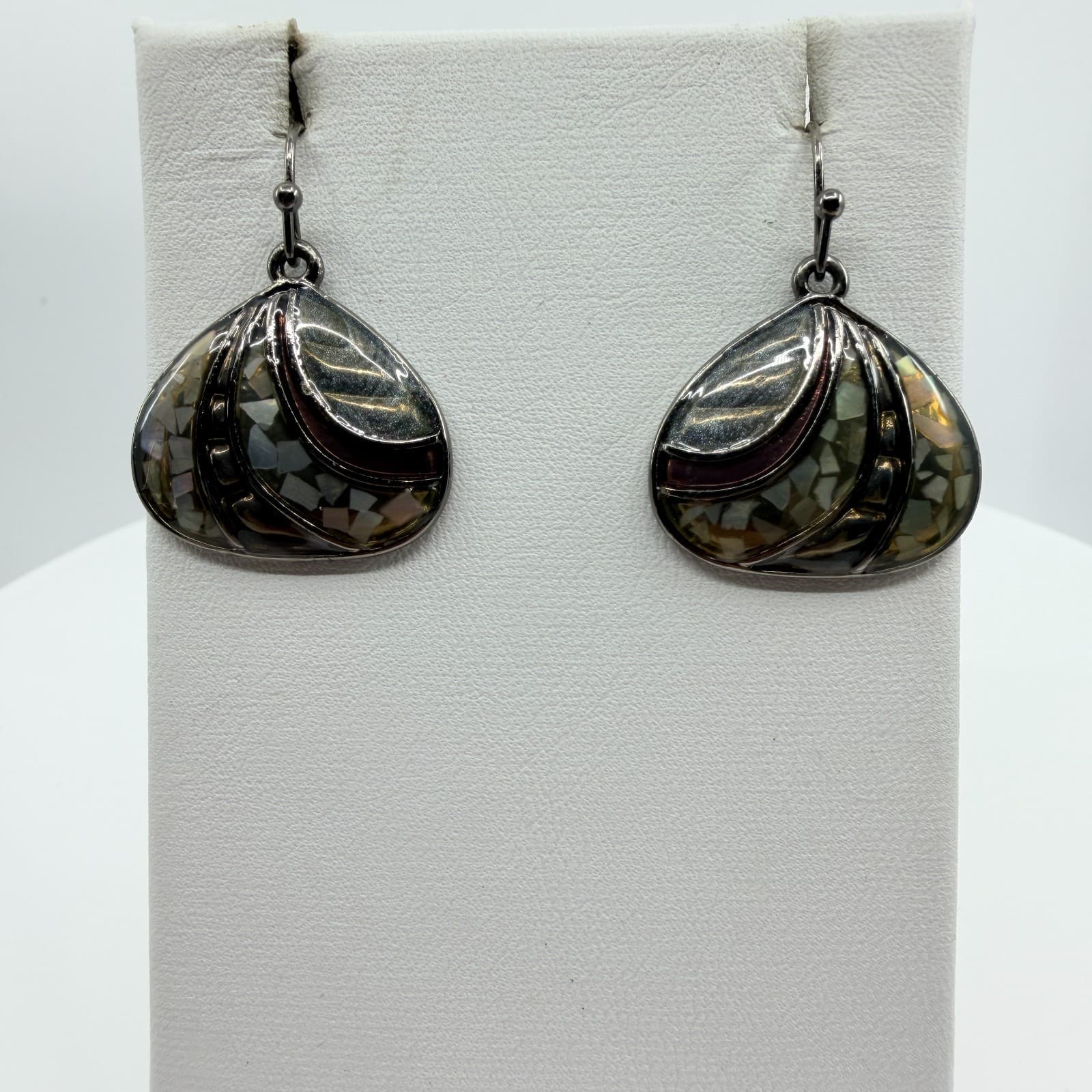 Vintage Shell Mosaic Fan Pendant Necklace Earrings Set Mother of Pearl Tone Boho - Thumbnail 12