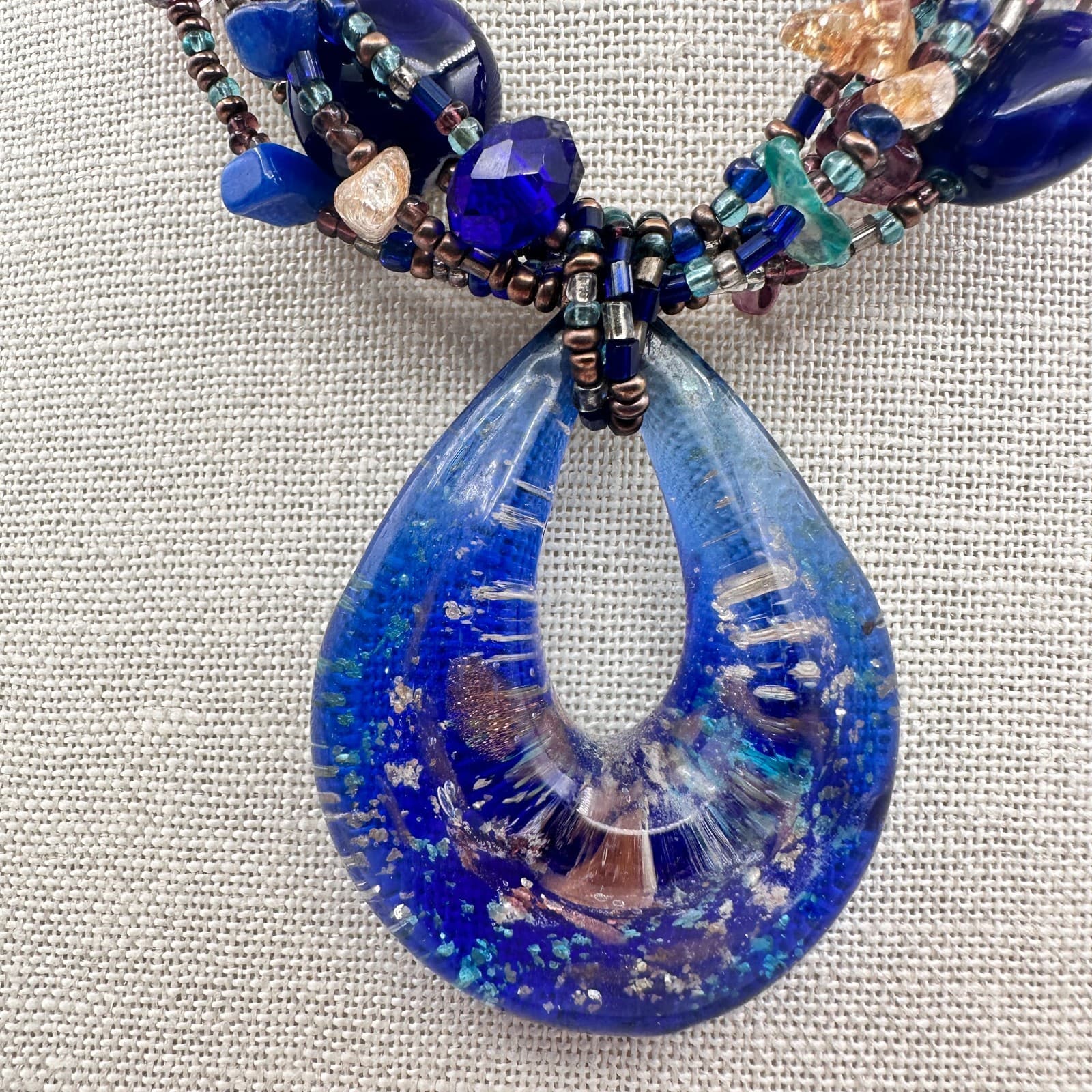 Vintage 90s Multi Strand Blue Teardrop Pendant Necklace Beaded Accents Jewelry - Thumbnail 8