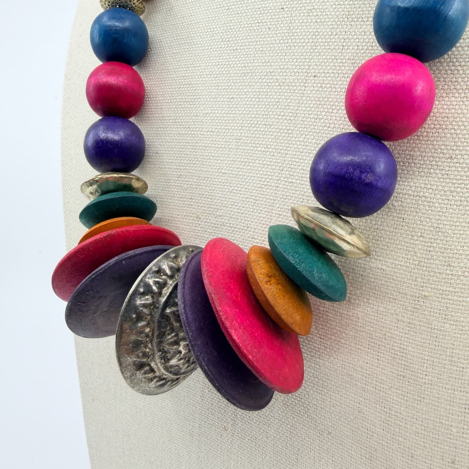 Vintage Multicolor Wood Bead Necklace Chunky Statement Boho Ethnic Tribal 90s - Thumbnail 7