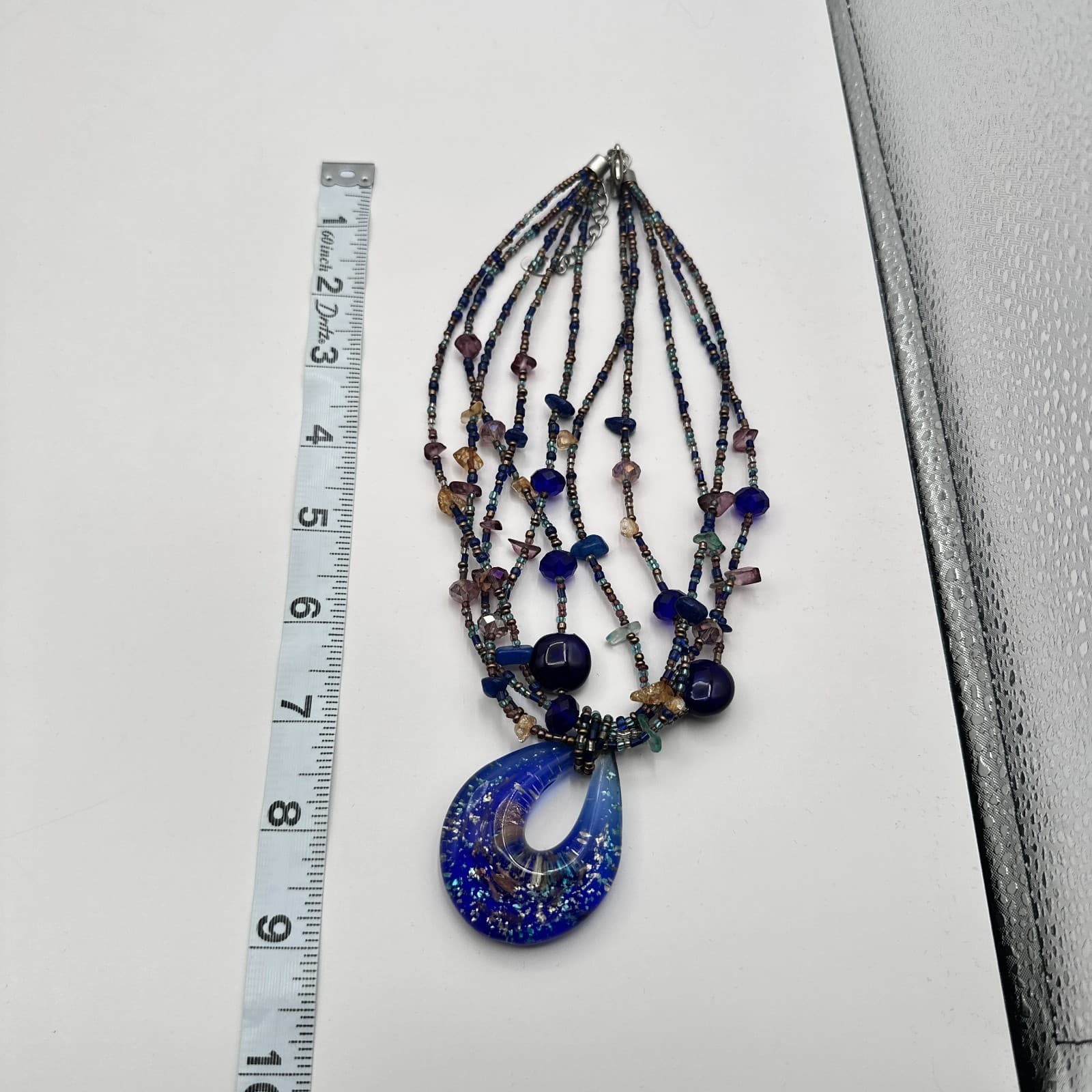 Vintage 90s Multi Strand Blue Teardrop Pendant Necklace Beaded Accents Jewelry - Thumbnail 9