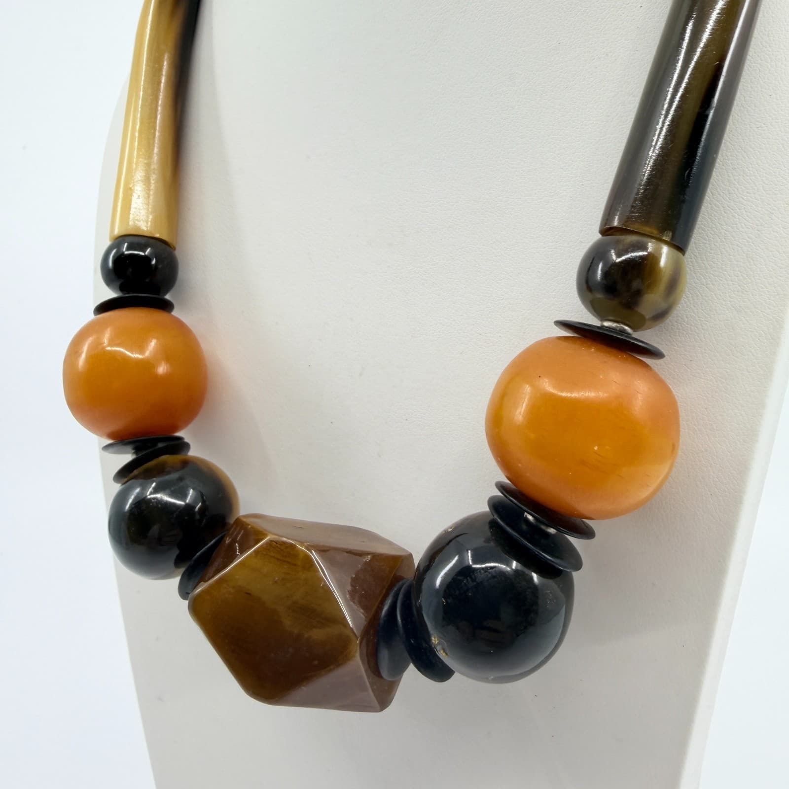 Vintage Chunky Resin Faux Horn Tusk Geometric Bead Statement Necklace Boho 90s - Thumbnail 6