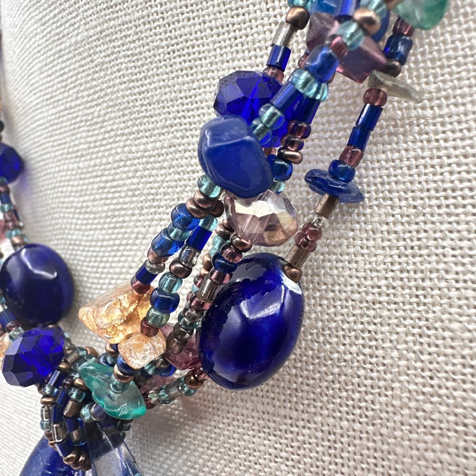 Vintage 90s Multi Strand Blue Teardrop Pendant Necklace Beaded Accents Jewelry - Thumbnail 4