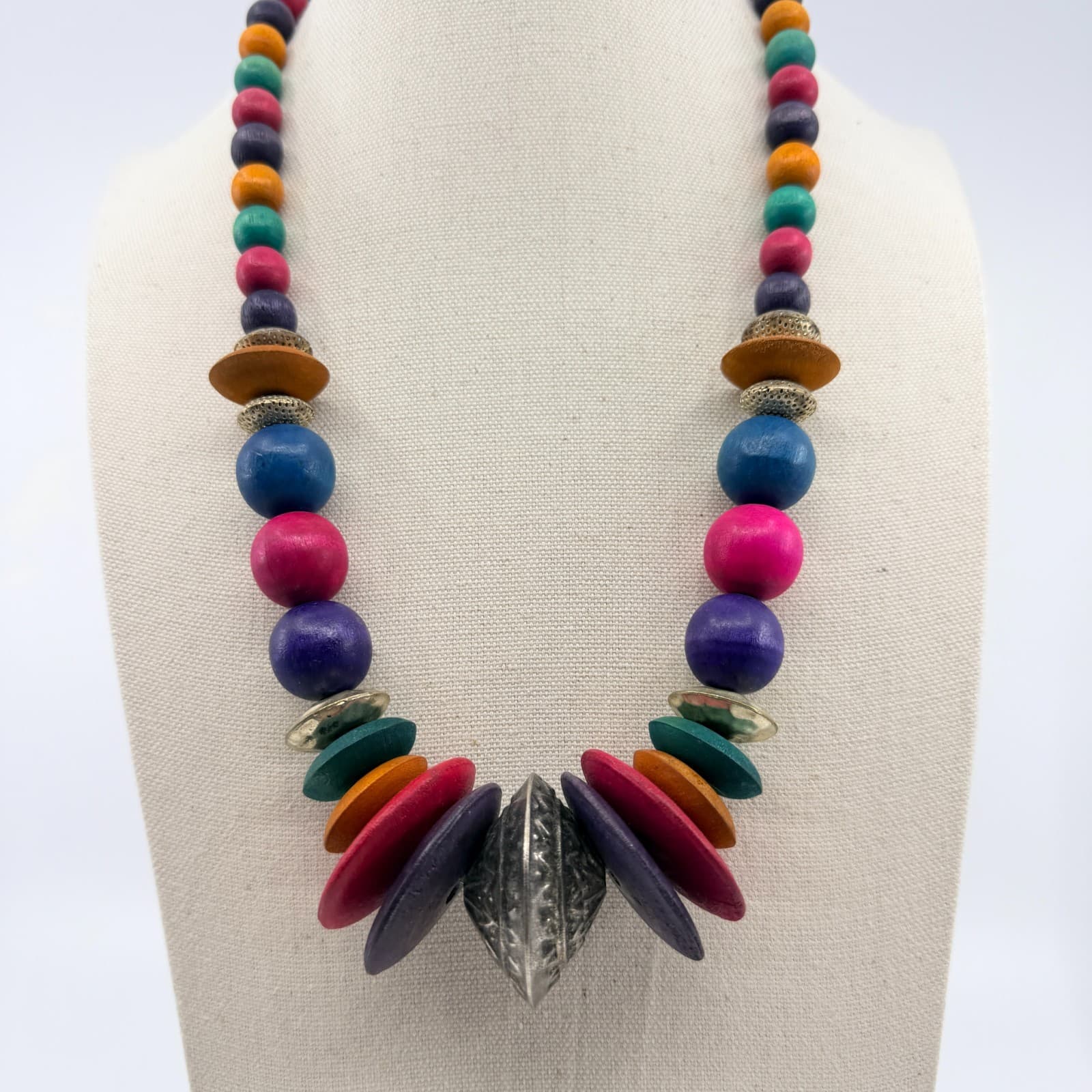 Vintage Multicolor Wood Bead Necklace Chunky Statement Boho Ethnic Tribal 90s - Thumbnail 10