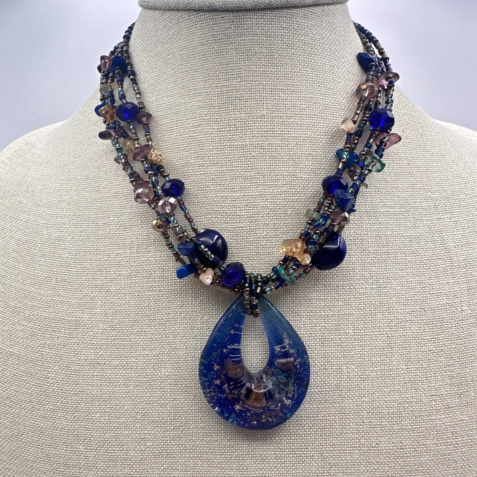 Vintage 90s Multi Strand Blue Teardrop Pendant Necklace Beaded Accents Jewelry - Thumbnail 2
