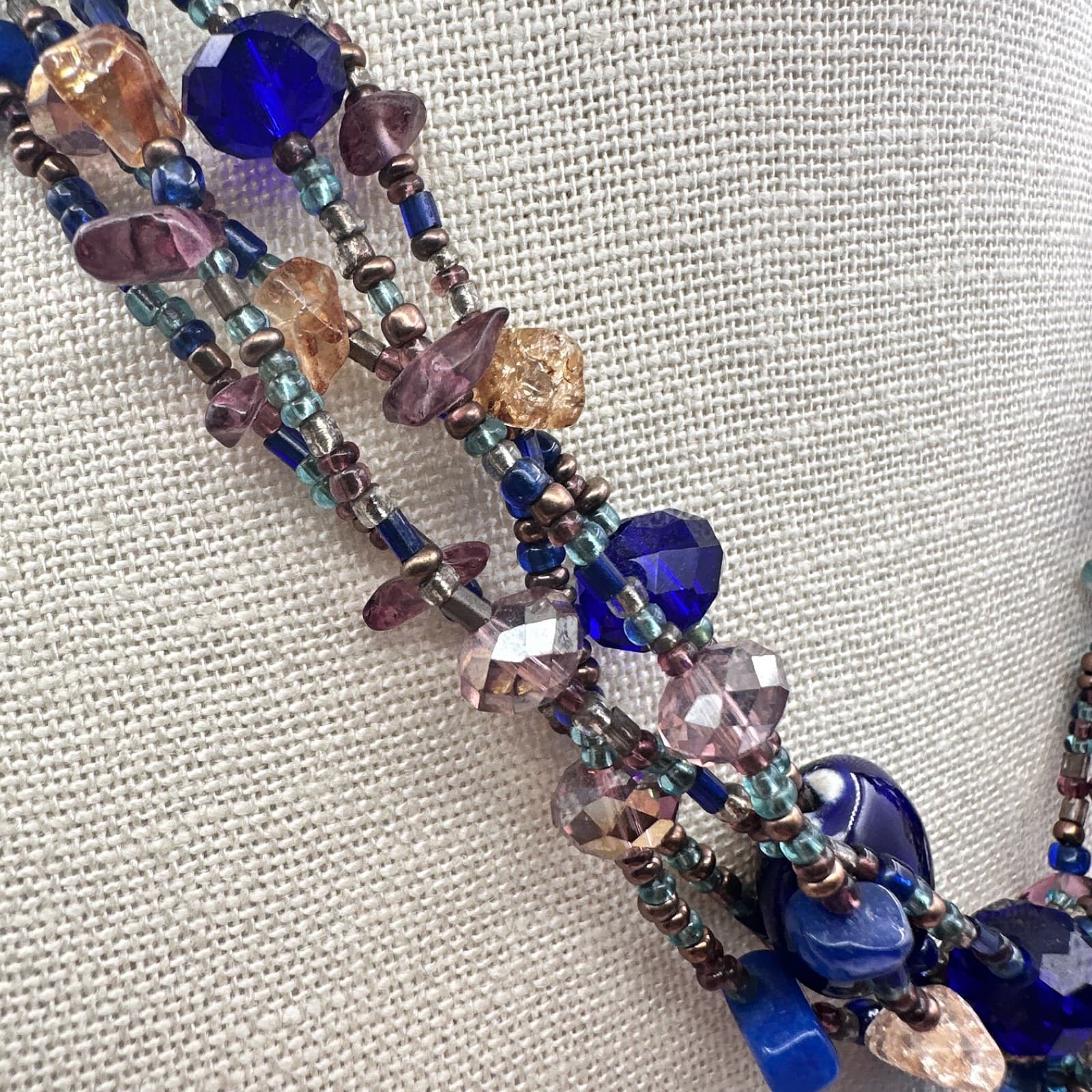 Vintage 90s Multi Strand Blue Teardrop Pendant Necklace Beaded Accents Jewelry - Thumbnail 3