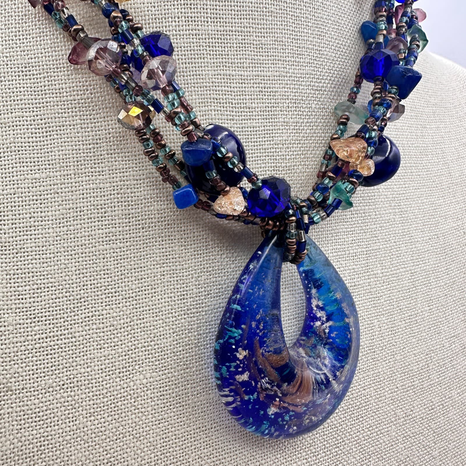 Vintage 90s Multi Strand Blue Teardrop Pendant Necklace Beaded Accents Jewelry - Thumbnail 6