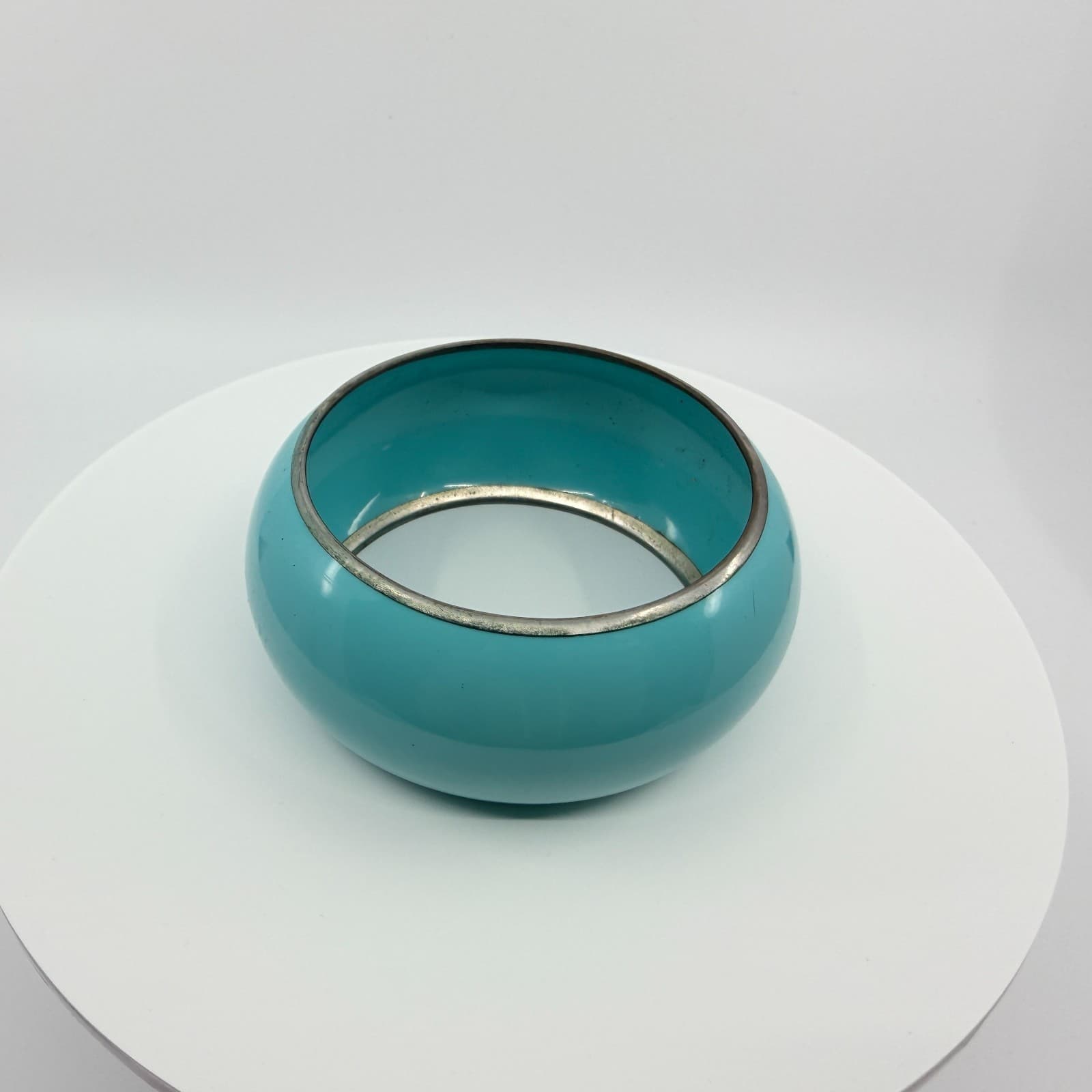 Vintage Faux Turquoise Blue Enamel Wide Domed Bangle Bracelet Silver Tone Retro - Thumbnail 4