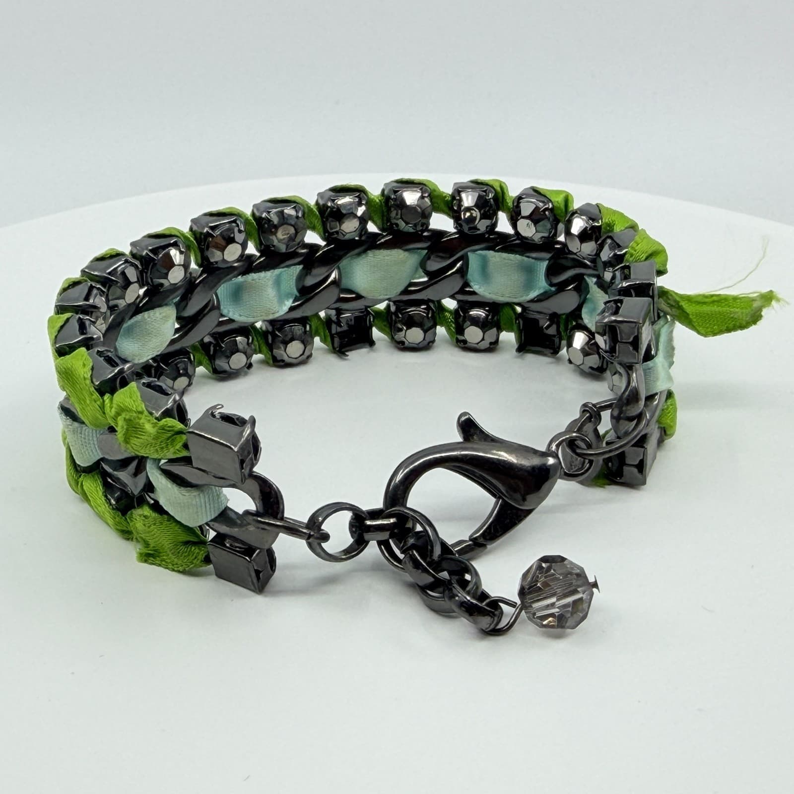 Vintage Gunmetal Green Ribbon Woven Bracelet Rhinestone Statement Mixed Media - Thumbnail 7