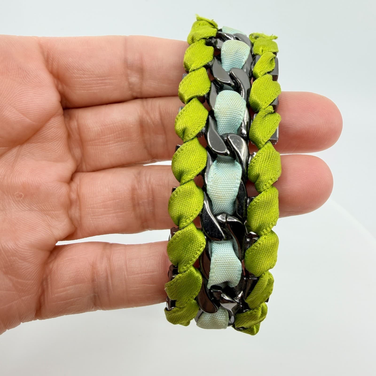 Vintage Gunmetal Green Ribbon Woven Bracelet Rhinestone Statement Mixed Media - Thumbnail 8