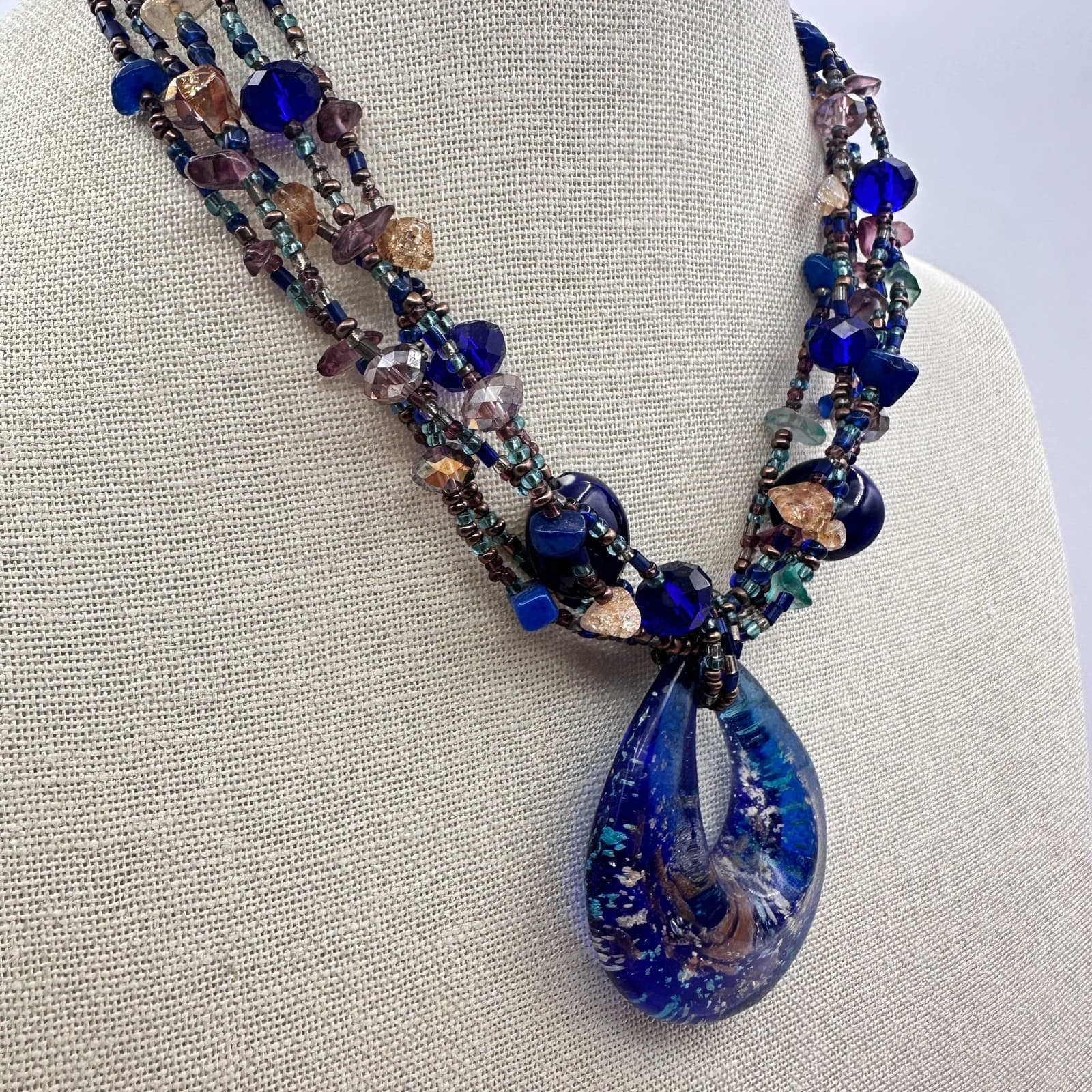 Vintage 90s Multi Strand Blue Teardrop Pendant Necklace Beaded Accents Jewelry - Thumbnail 7