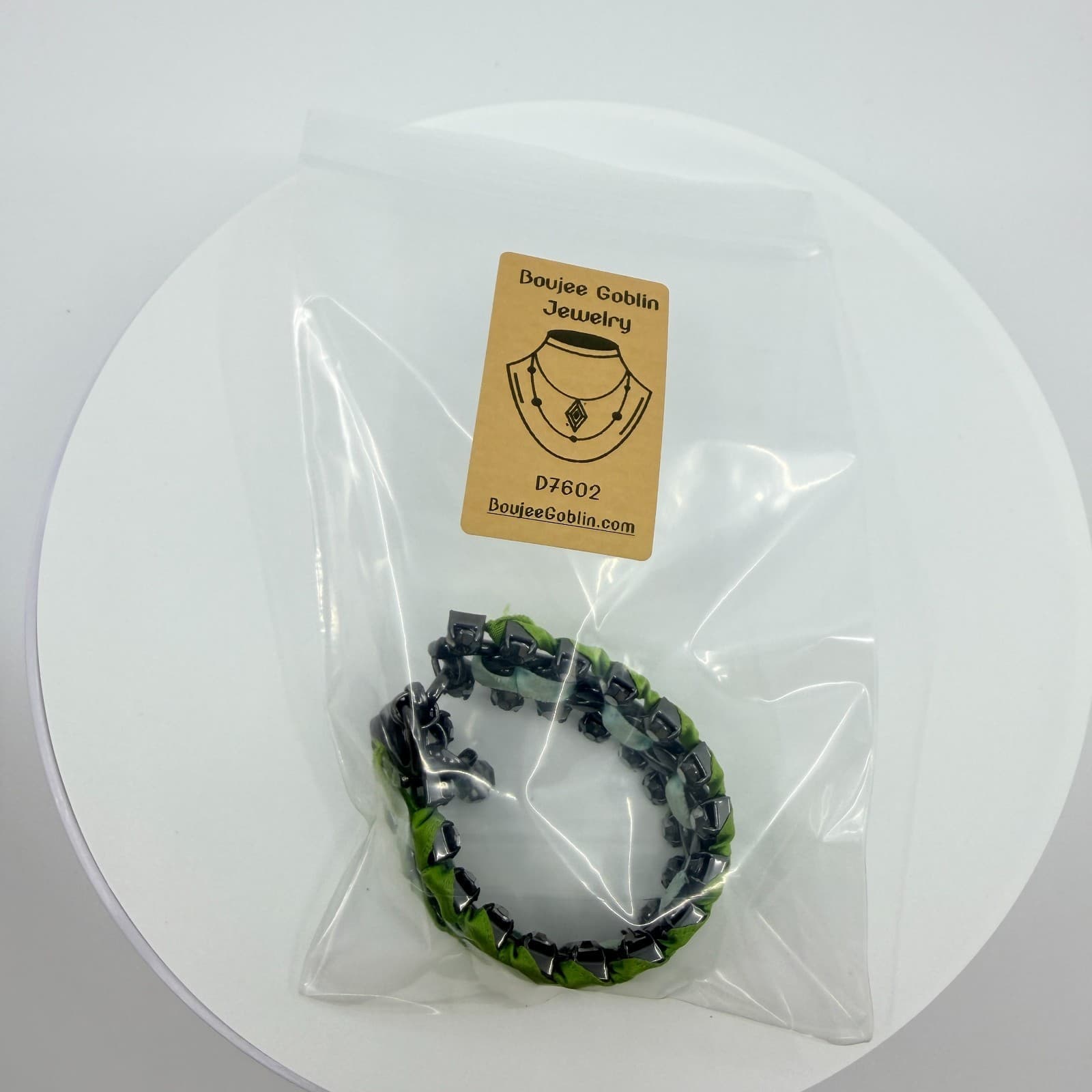 Vintage Gunmetal Green Ribbon Woven Bracelet Rhinestone Statement Mixed Media - Thumbnail 10