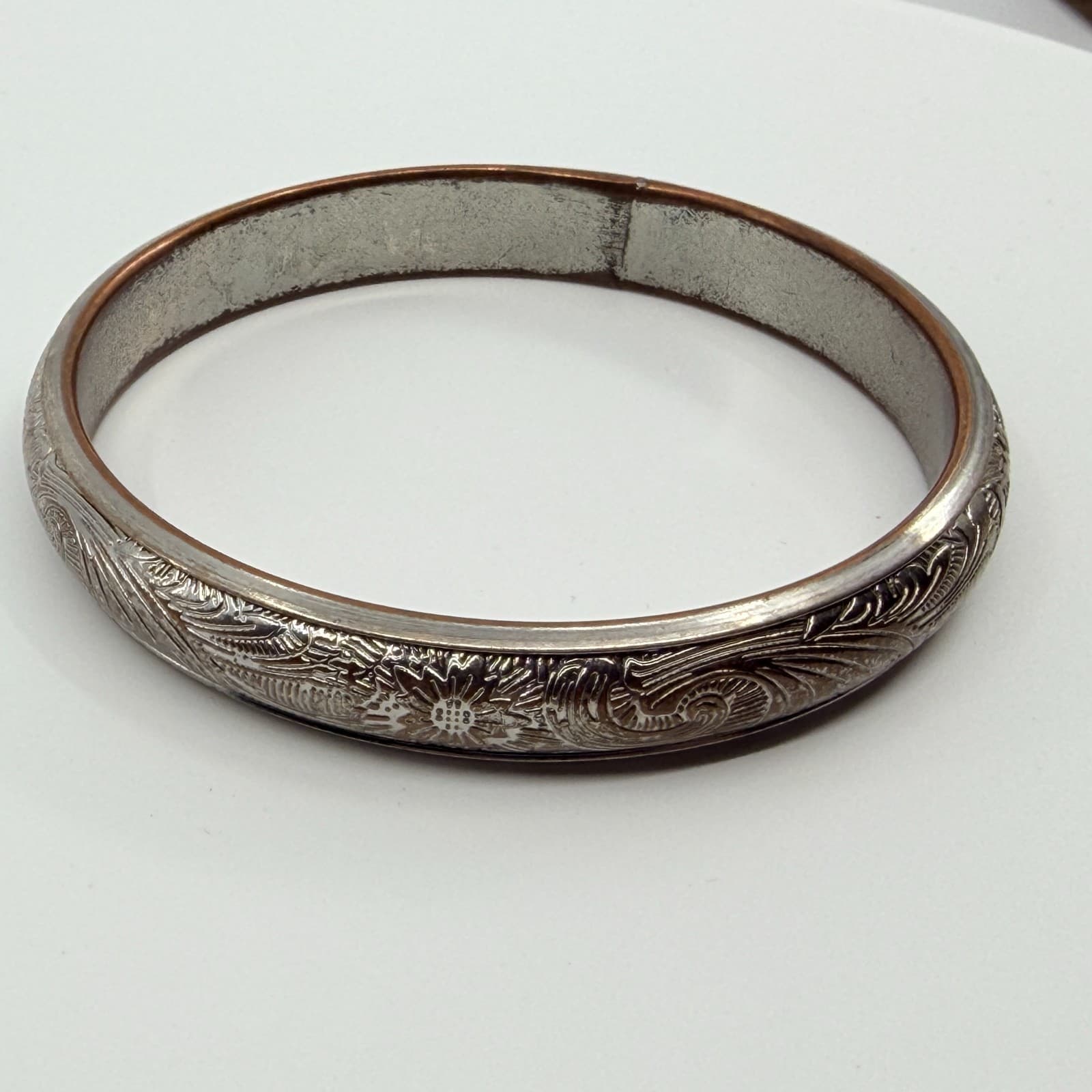 Vintage Silver Tone Floral Etched Bangle Bracelet Western Engraved Scroll Retro - Thumbnail 5
