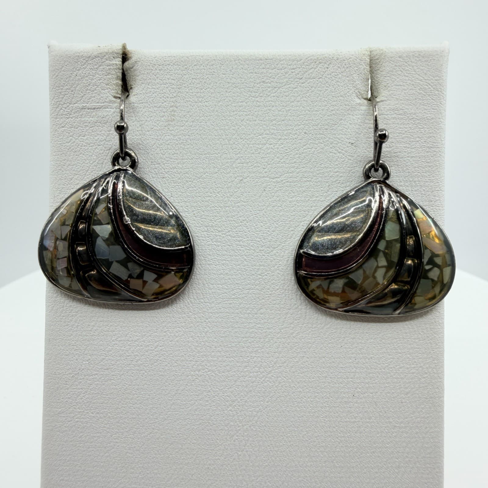 Vintage Shell Mosaic Fan Pendant Necklace Earrings Set Mother of Pearl Tone Boho - Thumbnail 7