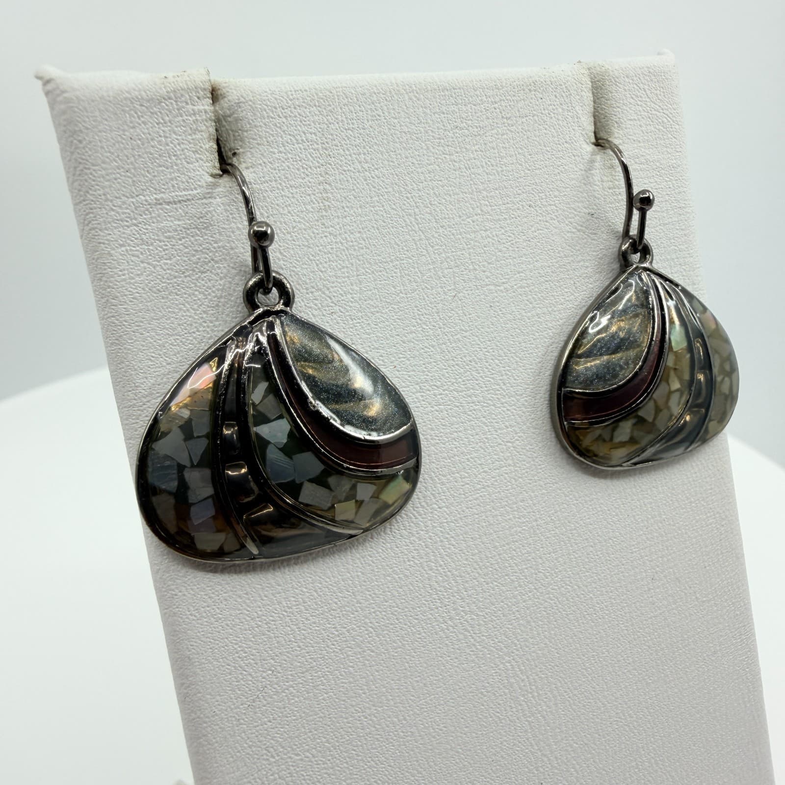 Vintage Shell Mosaic Fan Pendant Necklace Earrings Set Mother of Pearl Tone Boho - Thumbnail 9