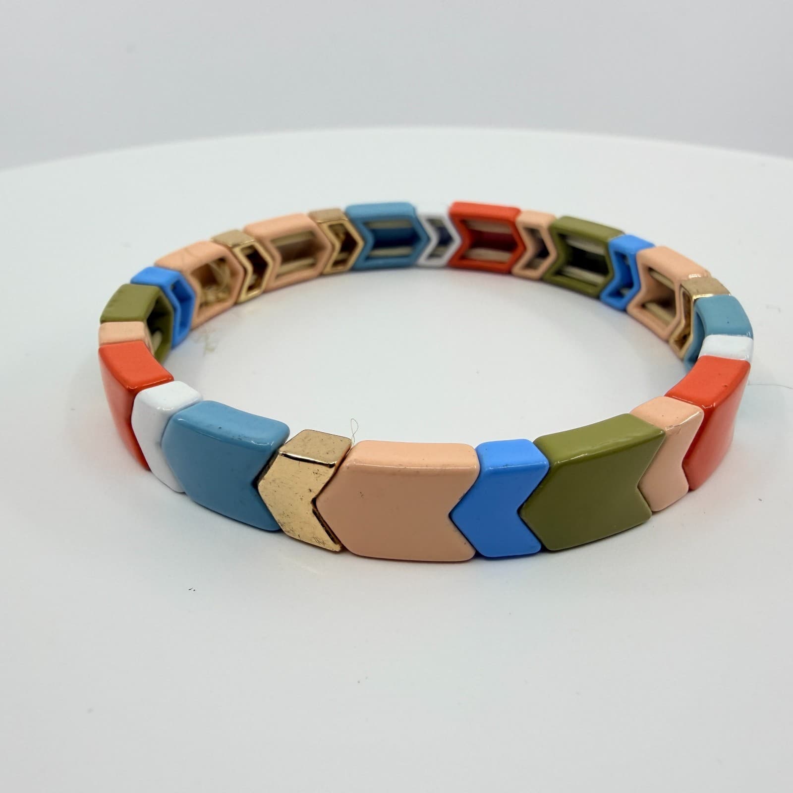Vintage Multi Color Enamel Chevron Tile Stretch Bracelet Boho Tila Bead Y2K 90s - Thumbnail 2