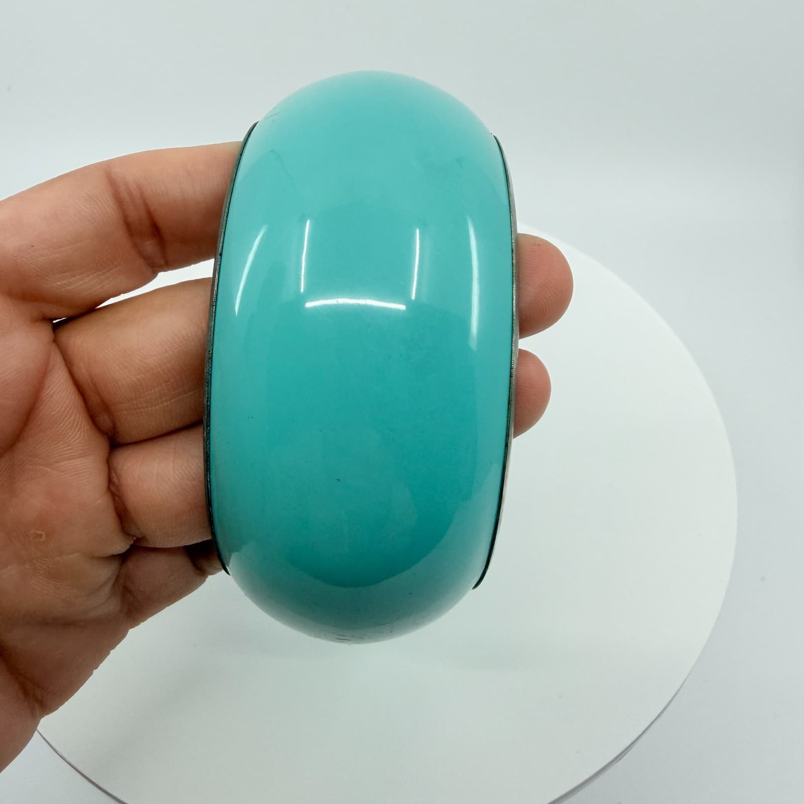 Vintage Faux Turquoise Blue Enamel Wide Domed Bangle Bracelet Silver Tone Retro - Thumbnail 7