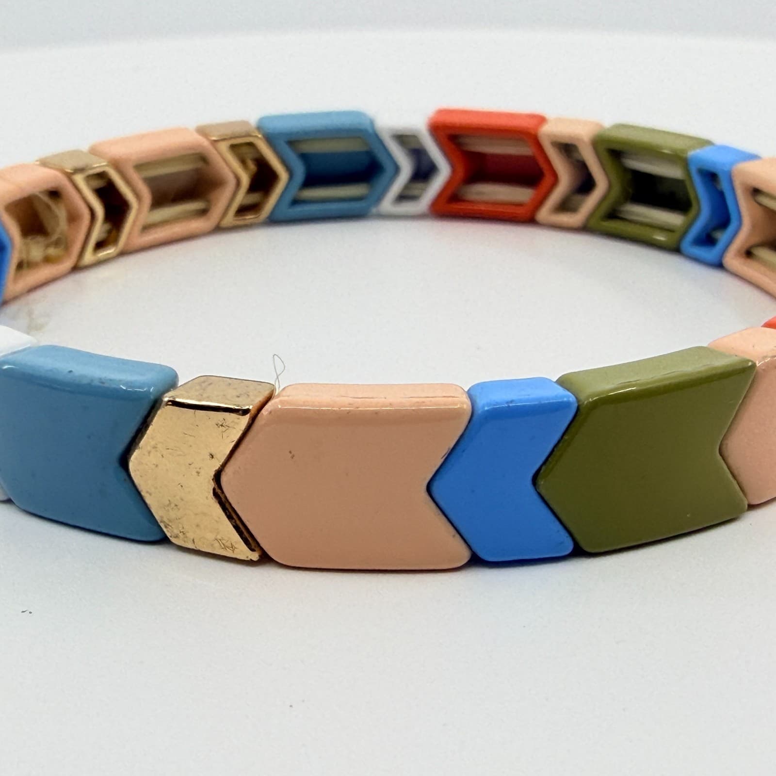 Vintage Multi Color Enamel Chevron Tile Stretch Bracelet Boho Tila Bead Y2K 90s - Thumbnail 6