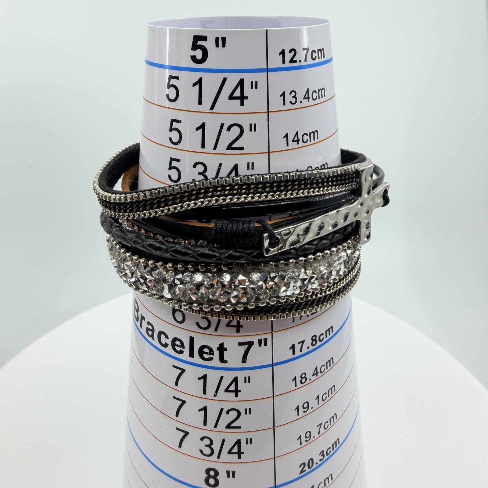 Vintage Black Faux Leather Jewelry Set Hammered Cross Magnetic Wrap Bracelet 90s - Thumbnail 14