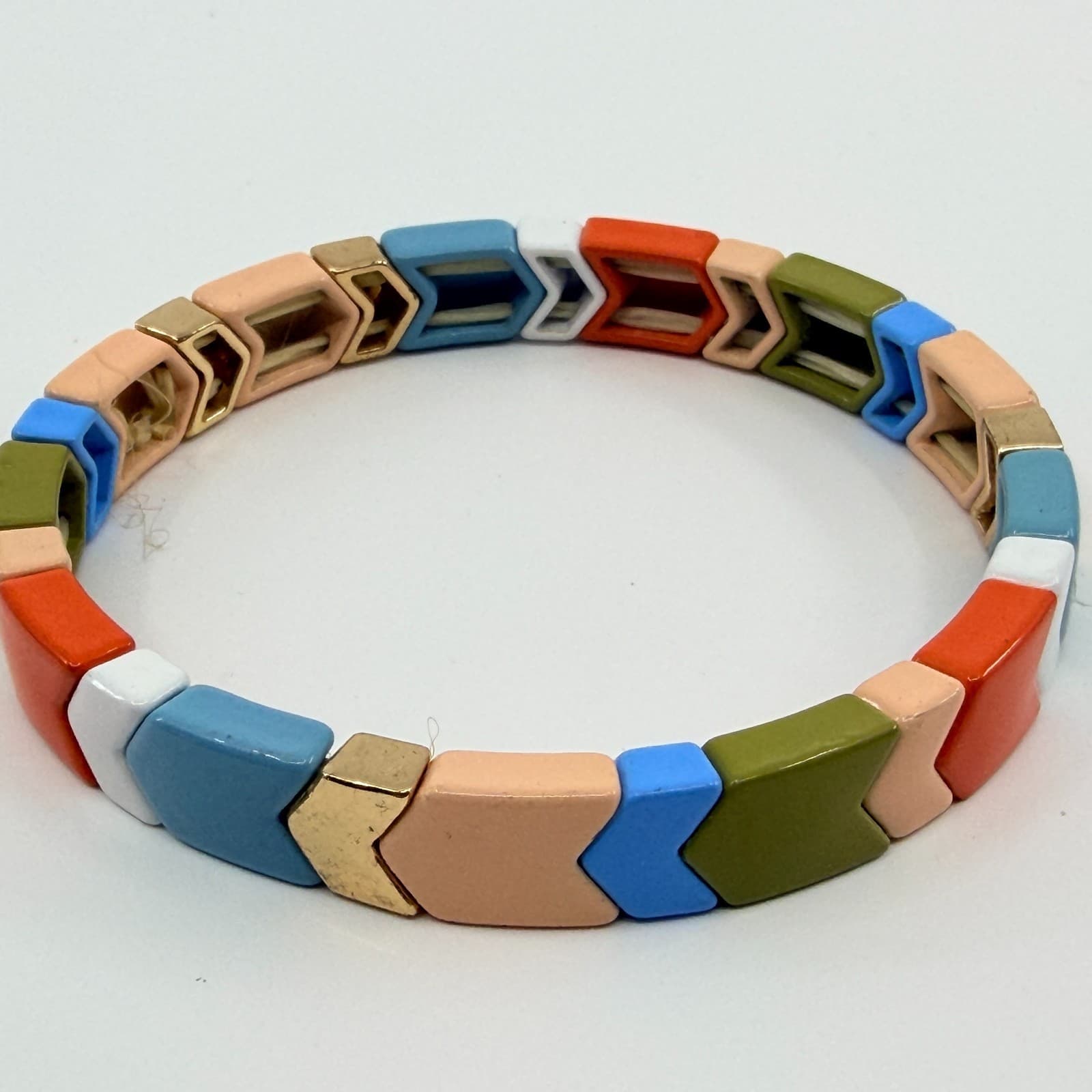 Vintage Multi Color Enamel Chevron Tile Stretch Bracelet Boho Tila Bead Y2K 90s - Thumbnail 5