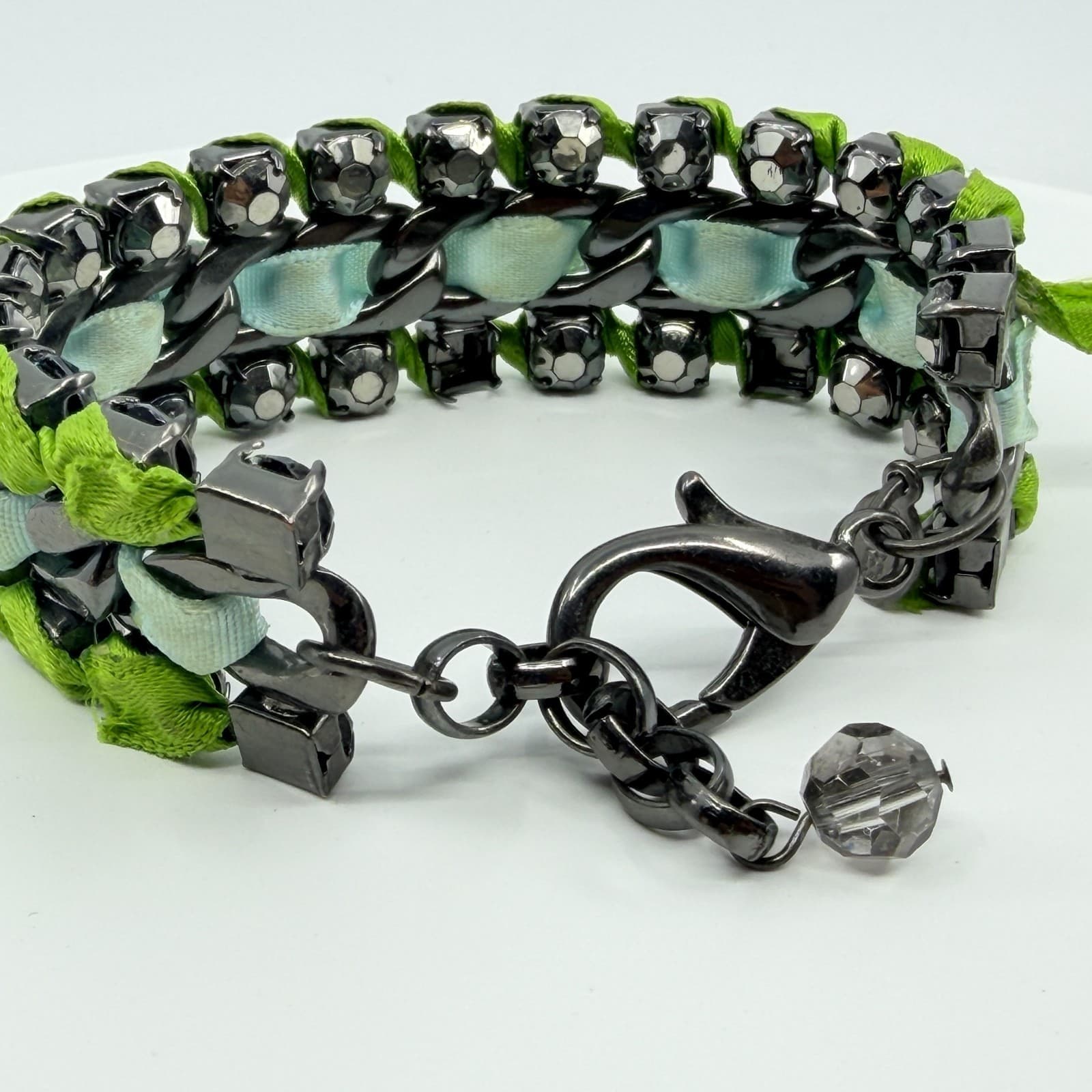 Vintage Gunmetal Green Ribbon Woven Bracelet Rhinestone Statement Mixed Media - Thumbnail 6