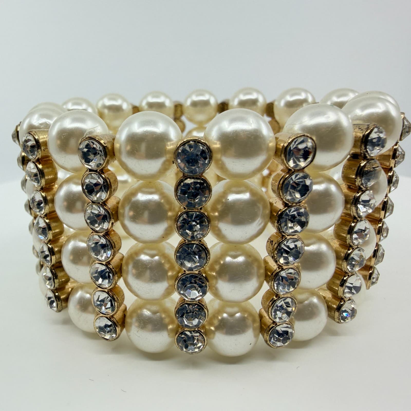 Vintage Gold Tone Faux Pearl Rhinestone 4 Row Stretch Cuff Bracelet Chunky 90s - Thumbnail 2