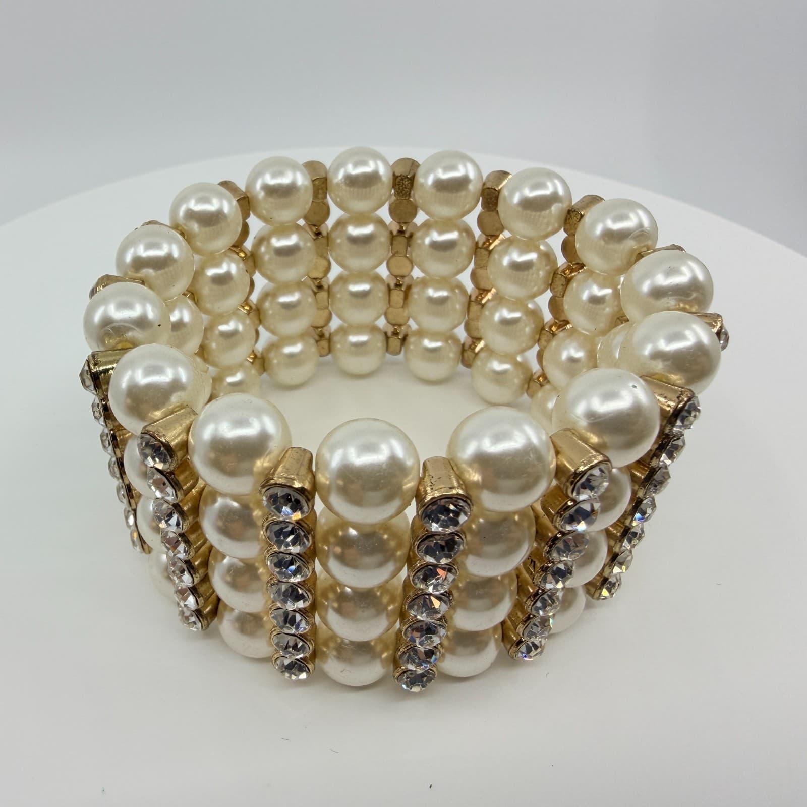 Vintage Gold Tone Faux Pearl Rhinestone 4 Row Stretch Cuff Bracelet Chunky 90s - Thumbnail 3