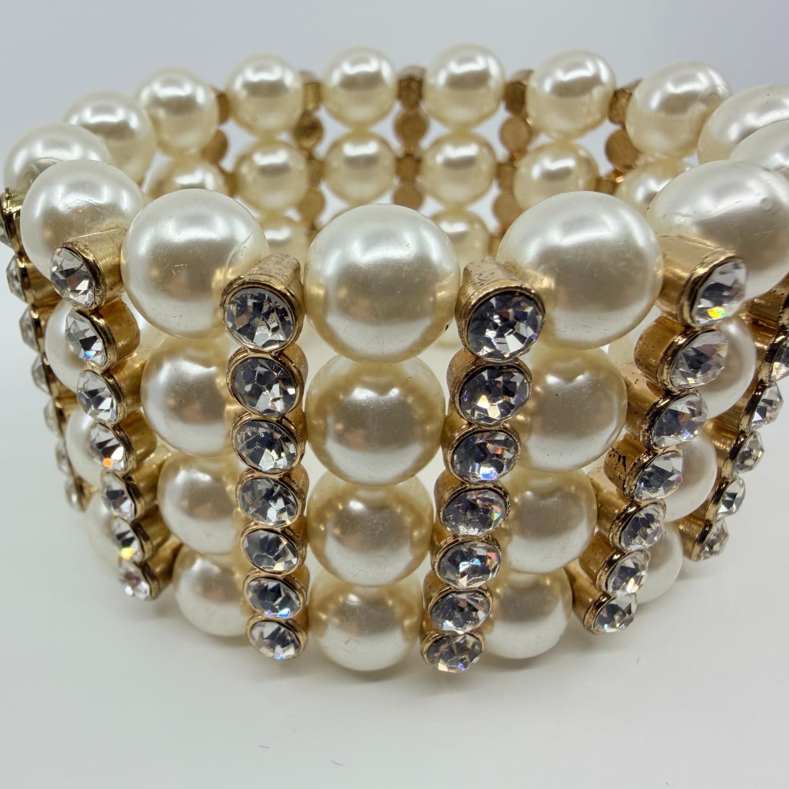 Vintage Gold Tone Faux Pearl Rhinestone 4 Row Stretch Cuff Bracelet Chunky 90s - Thumbnail 4