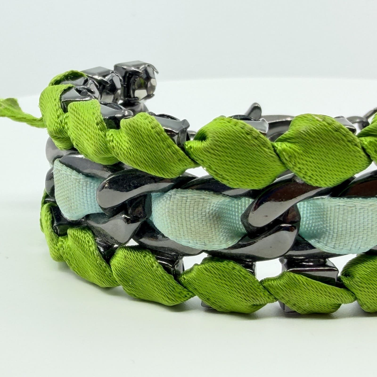 Vintage Gunmetal Green Ribbon Woven Bracelet Rhinestone Statement Mixed Media - Thumbnail 5
