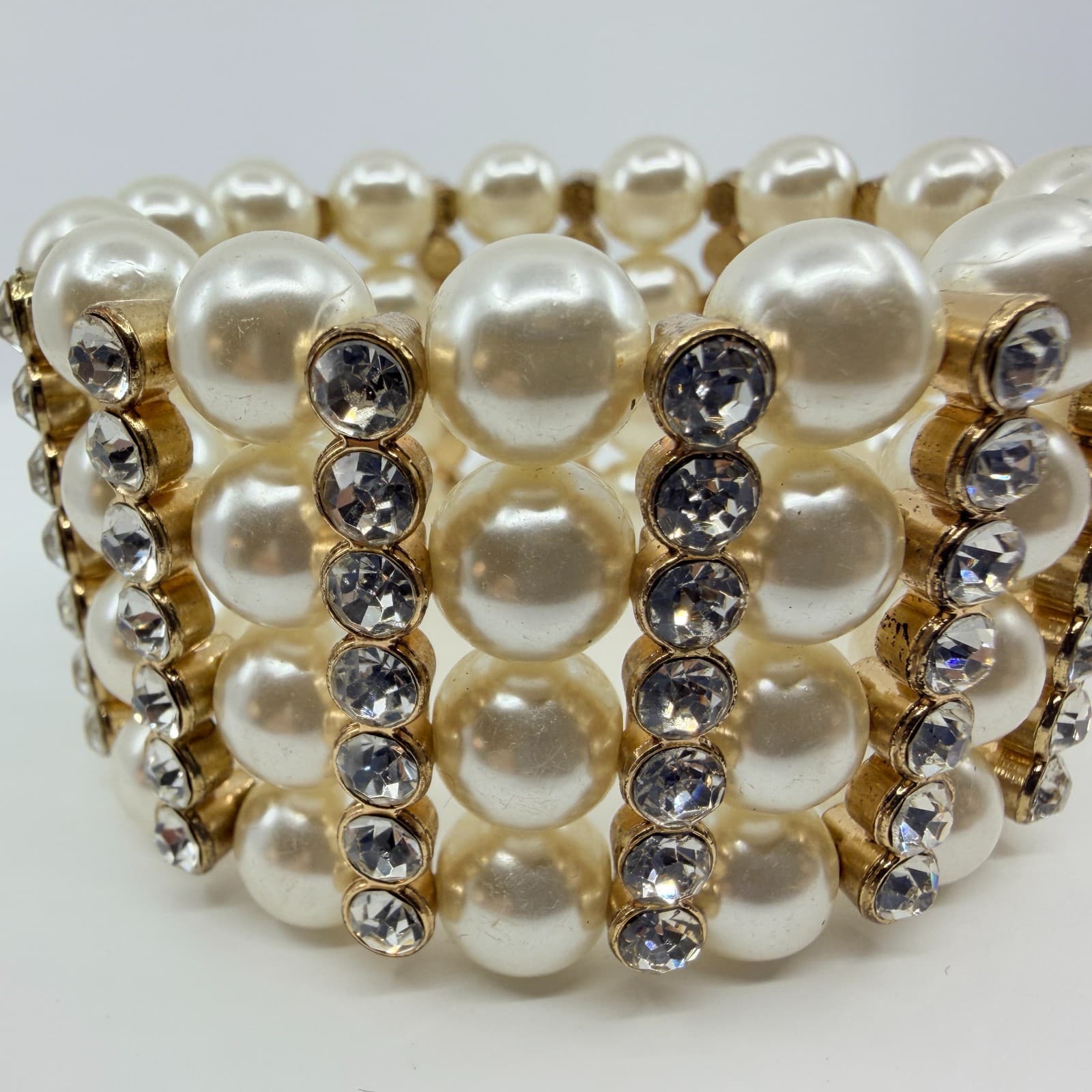 Vintage Gold Tone Faux Pearl Rhinestone 4 Row Stretch Cuff Bracelet Chunky 90s - Thumbnail 5