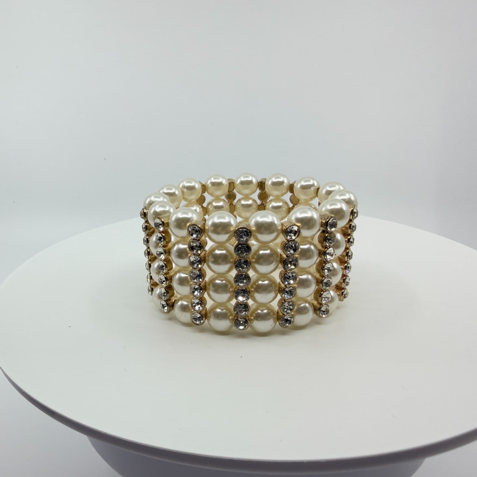 Vintage Gold Tone Faux Pearl Rhinestone 4 Row Stretch Cuff Bracelet Chunky 90s - Thumbnail 7
