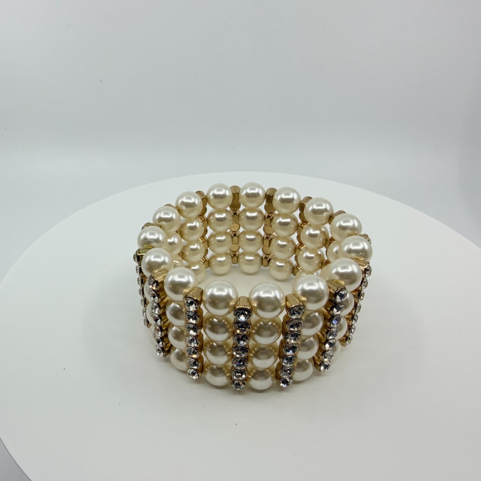 Vintage Gold Tone Faux Pearl Rhinestone 4 Row Stretch Cuff Bracelet Chunky 90s - Thumbnail 8