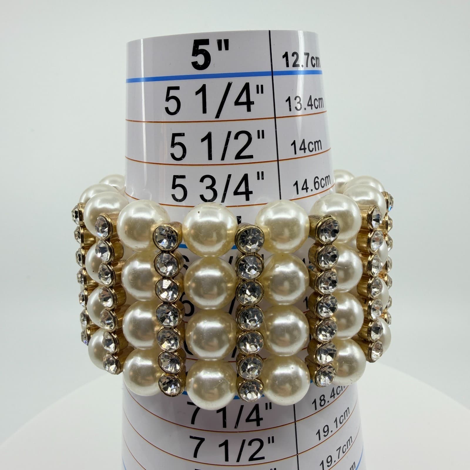 Vintage Gold Tone Faux Pearl Rhinestone 4 Row Stretch Cuff Bracelet Chunky 90s - Thumbnail 10