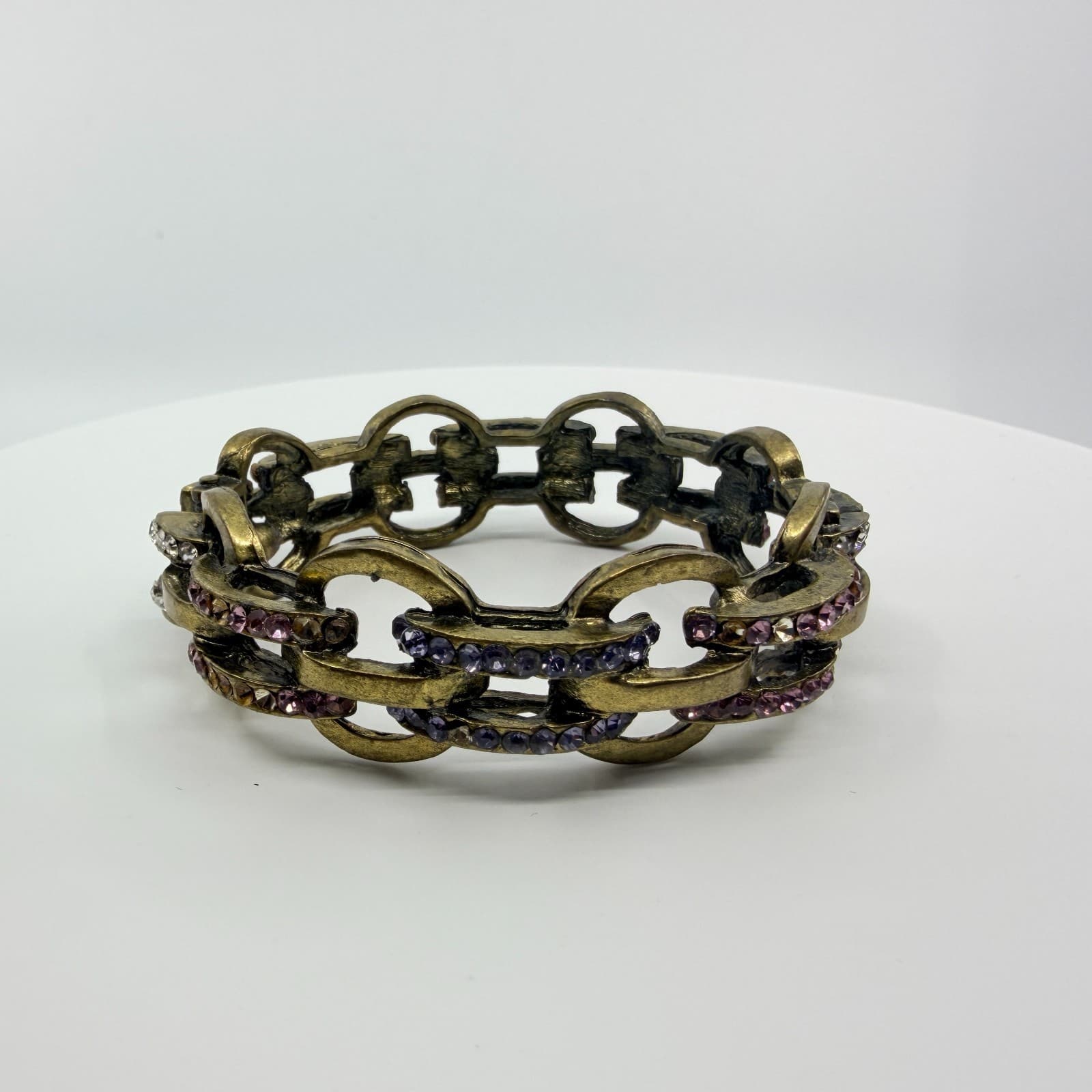 Vintage Gold Tone Purple Rhinestone Gypsy Link Stretch Bracelet Chunky Bold 90s - Thumbnail 6