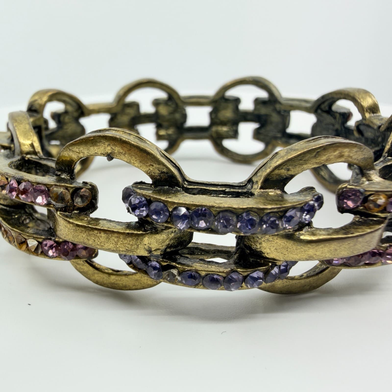Vintage Gold Tone Purple Rhinestone Gypsy Link Stretch Bracelet Chunky Bold 90s - Thumbnail 5