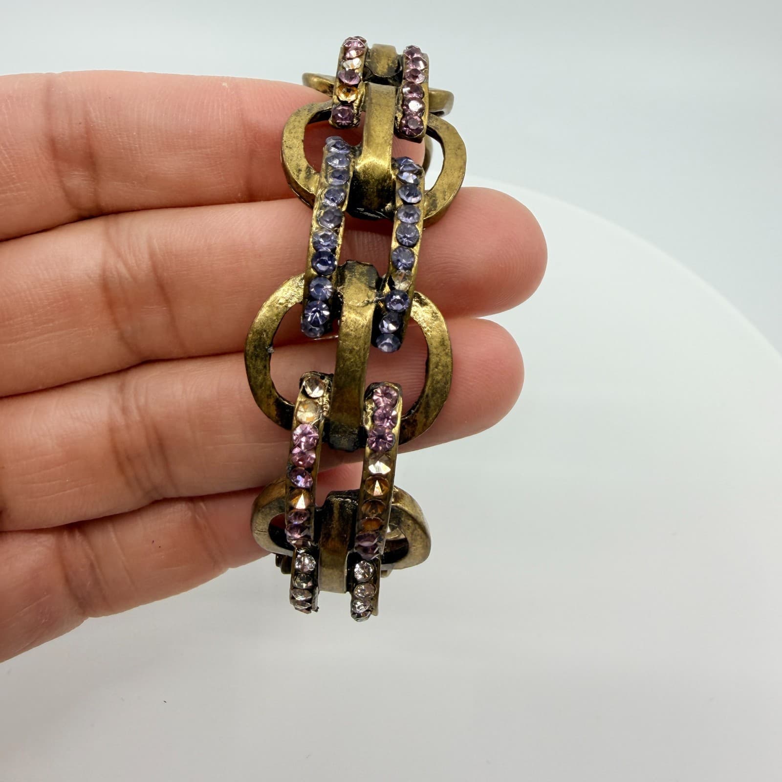 Vintage Gold Tone Purple Rhinestone Gypsy Link Stretch Bracelet Chunky Bold 90s - Thumbnail 7
