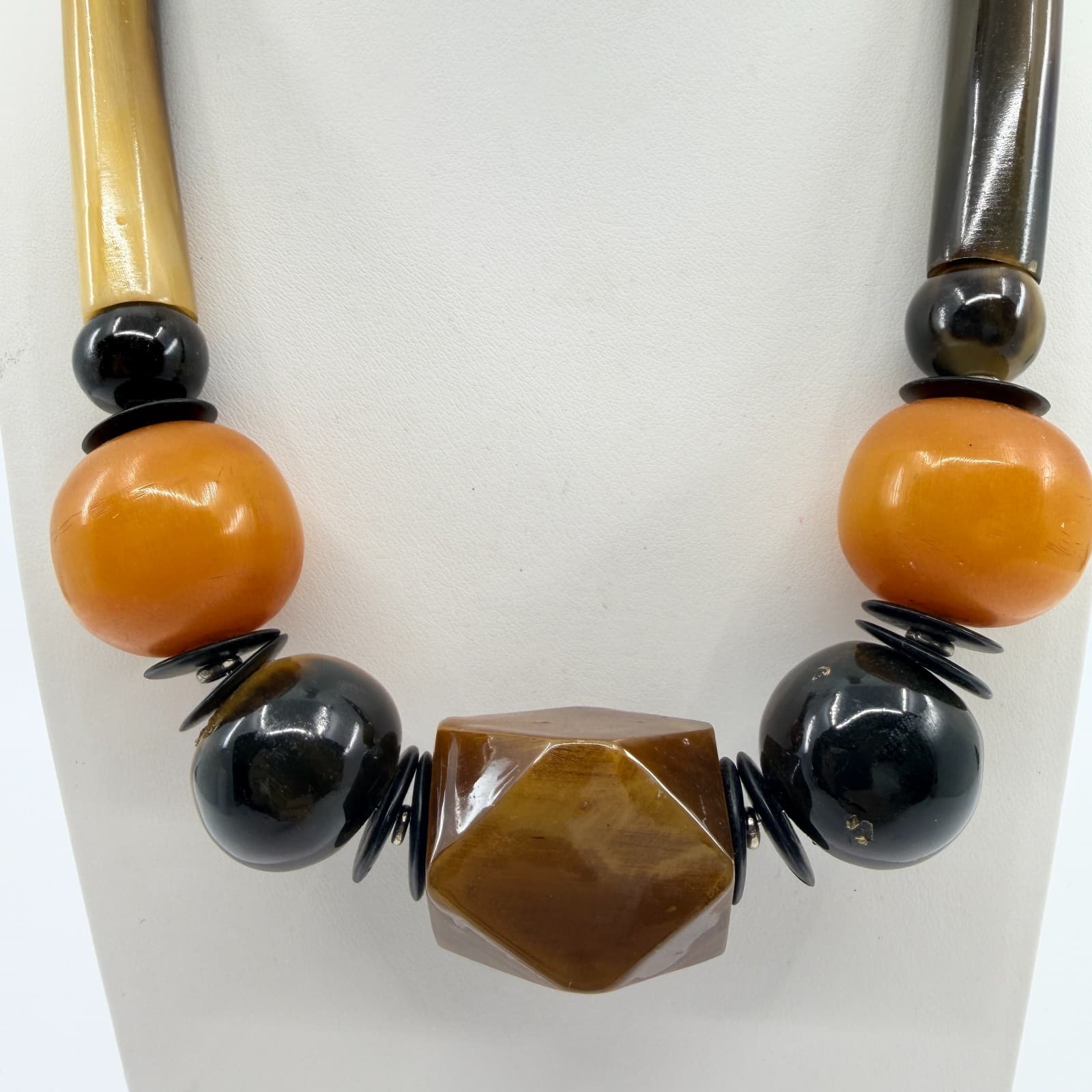 Vintage Chunky Resin Faux Horn Tusk Geometric Bead Statement Necklace Boho 90s - Thumbnail 4