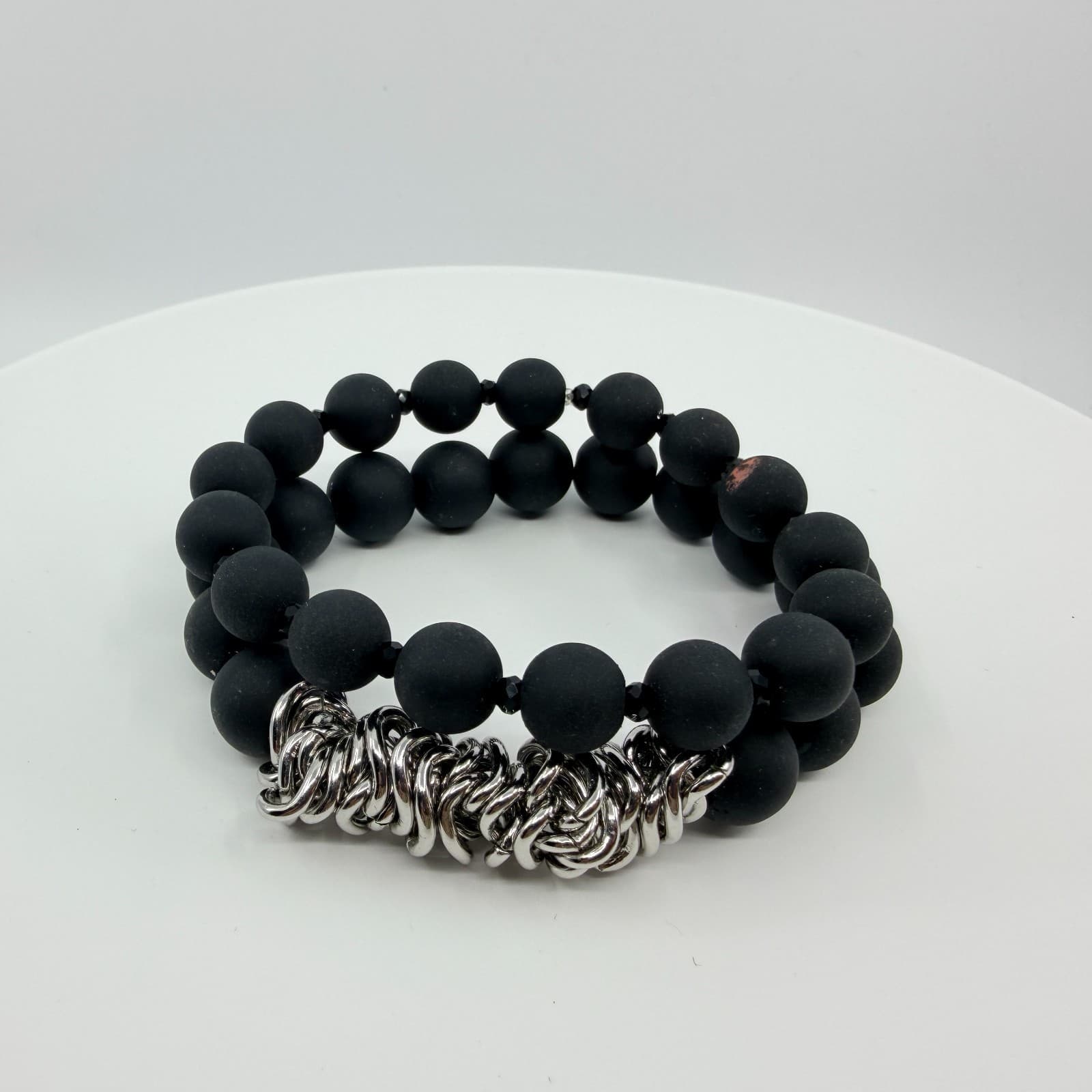 Vintage Matte Black Beaded Wrap Bracelet Silver Tone Link Cluster Statement Boho - Thumbnail 3