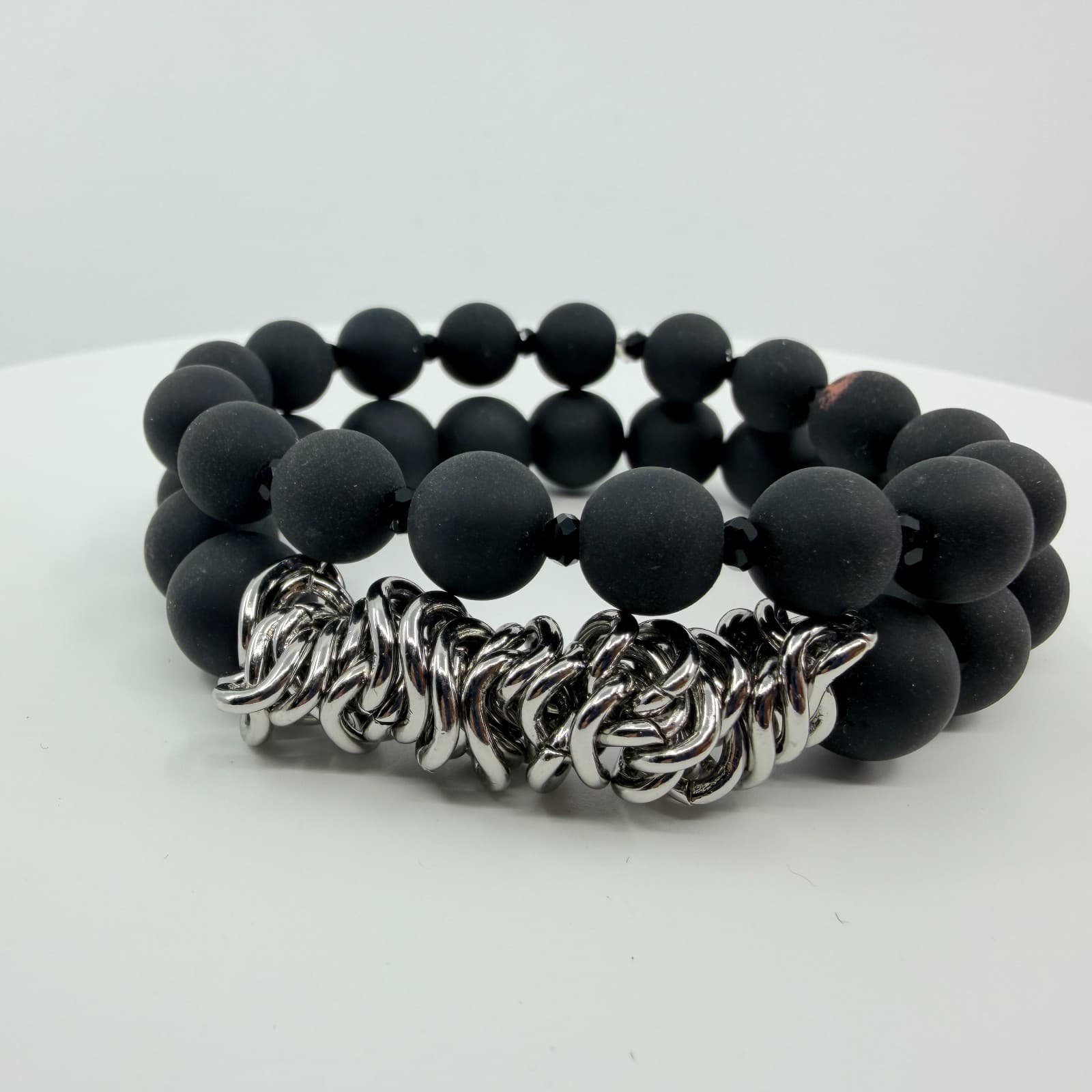 Vintage Matte Black Beaded Wrap Bracelet Silver Tone Link Cluster Statement Boho - Thumbnail 2