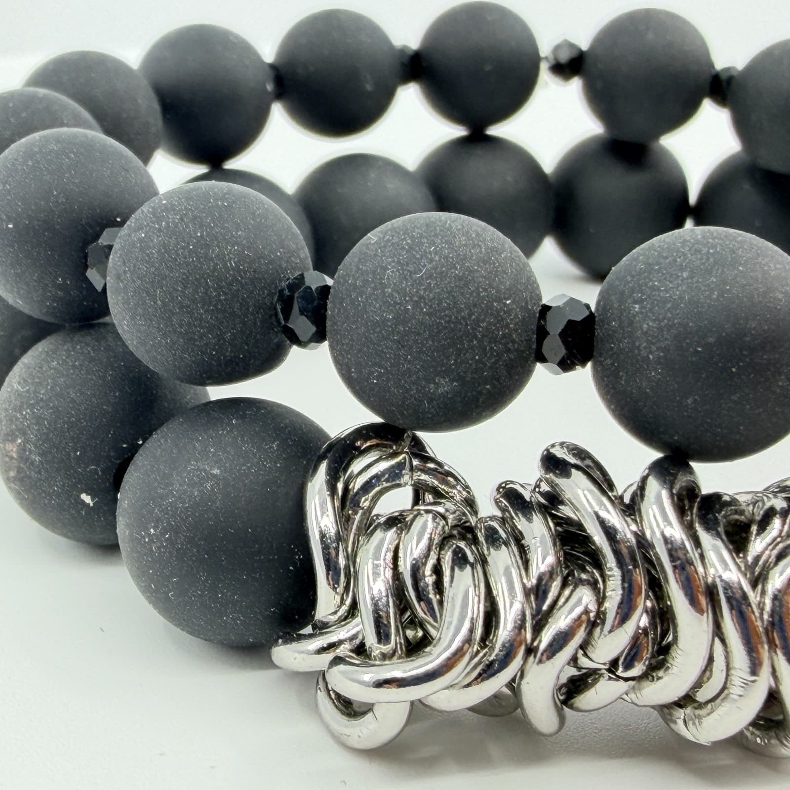 Vintage Matte Black Beaded Wrap Bracelet Silver Tone Link Cluster Statement Boho - Thumbnail 5