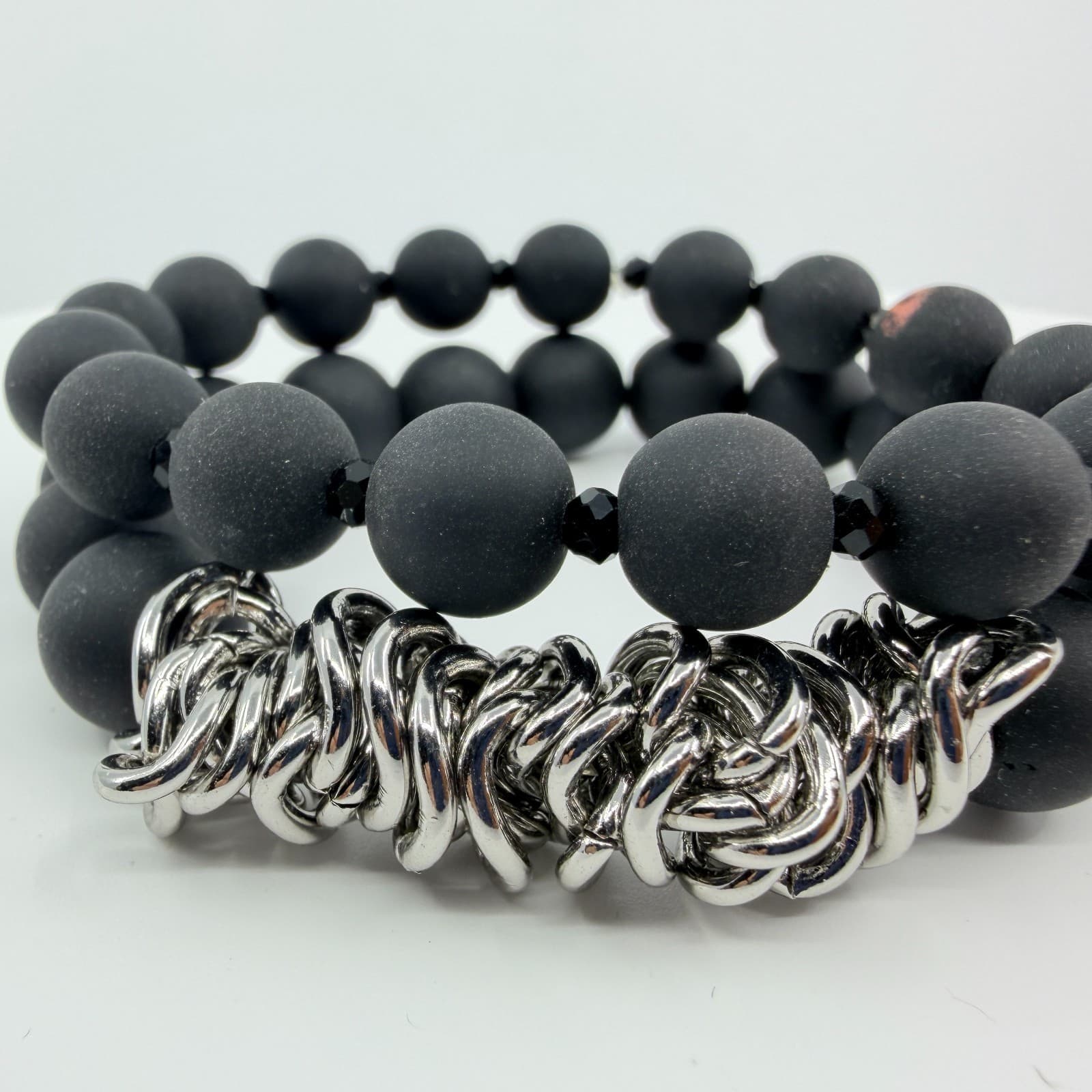 Vintage Matte Black Beaded Wrap Bracelet Silver Tone Link Cluster Statement Boho - Thumbnail 4