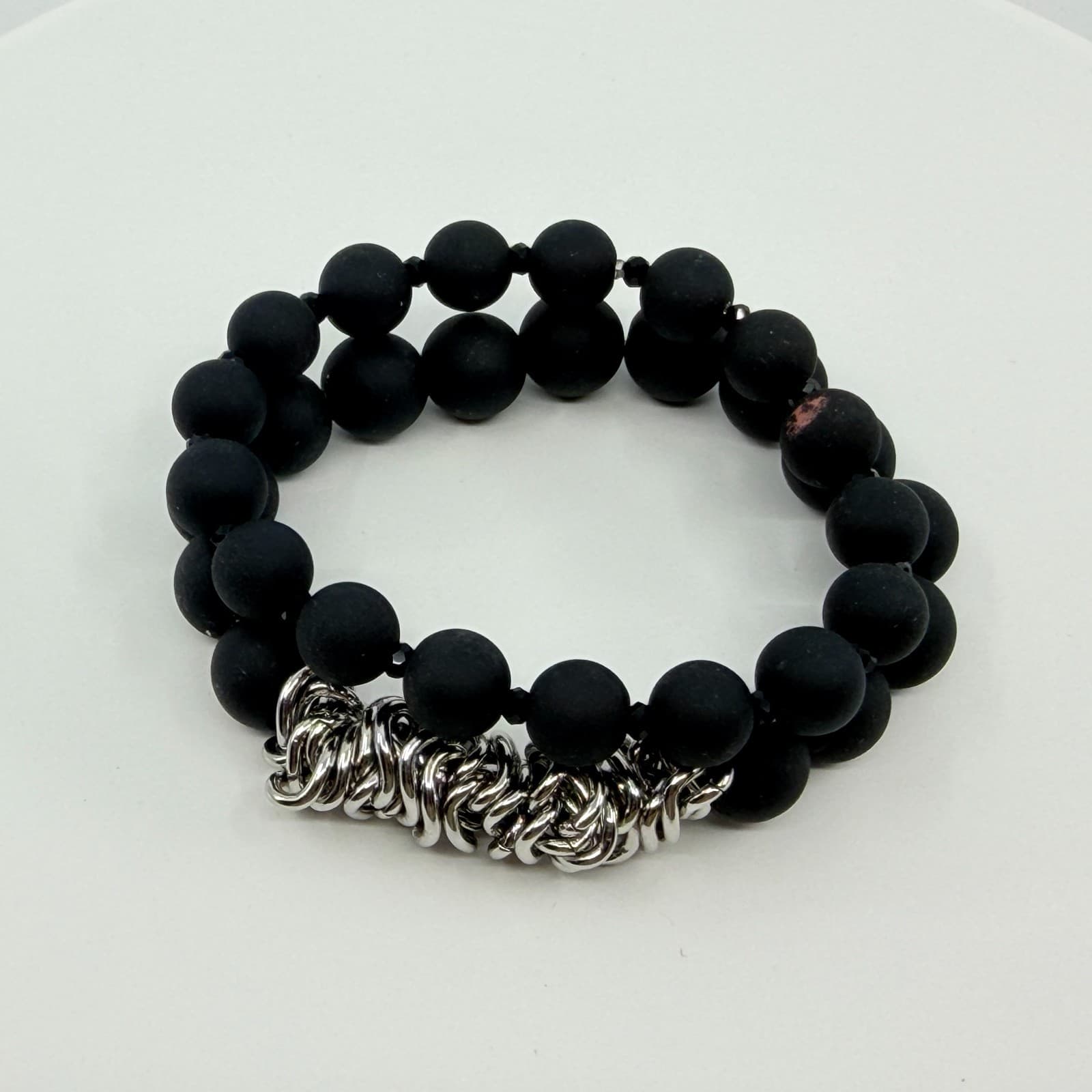 Vintage Matte Black Beaded Wrap Bracelet Silver Tone Link Cluster Statement Boho - Thumbnail 6